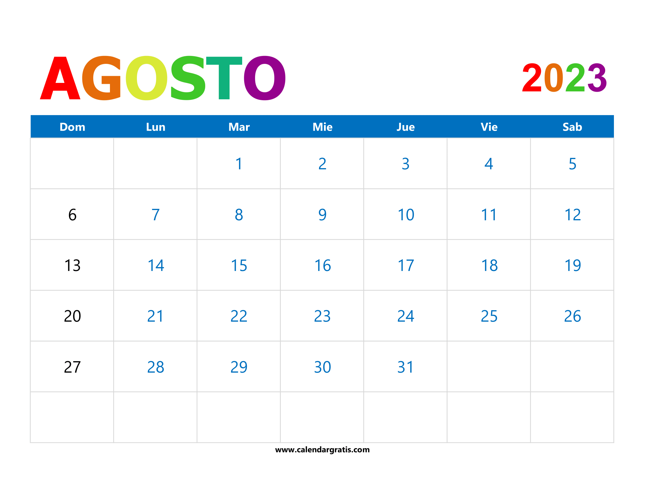 Calendario Agosto 2023 Para Imprimir Gratis