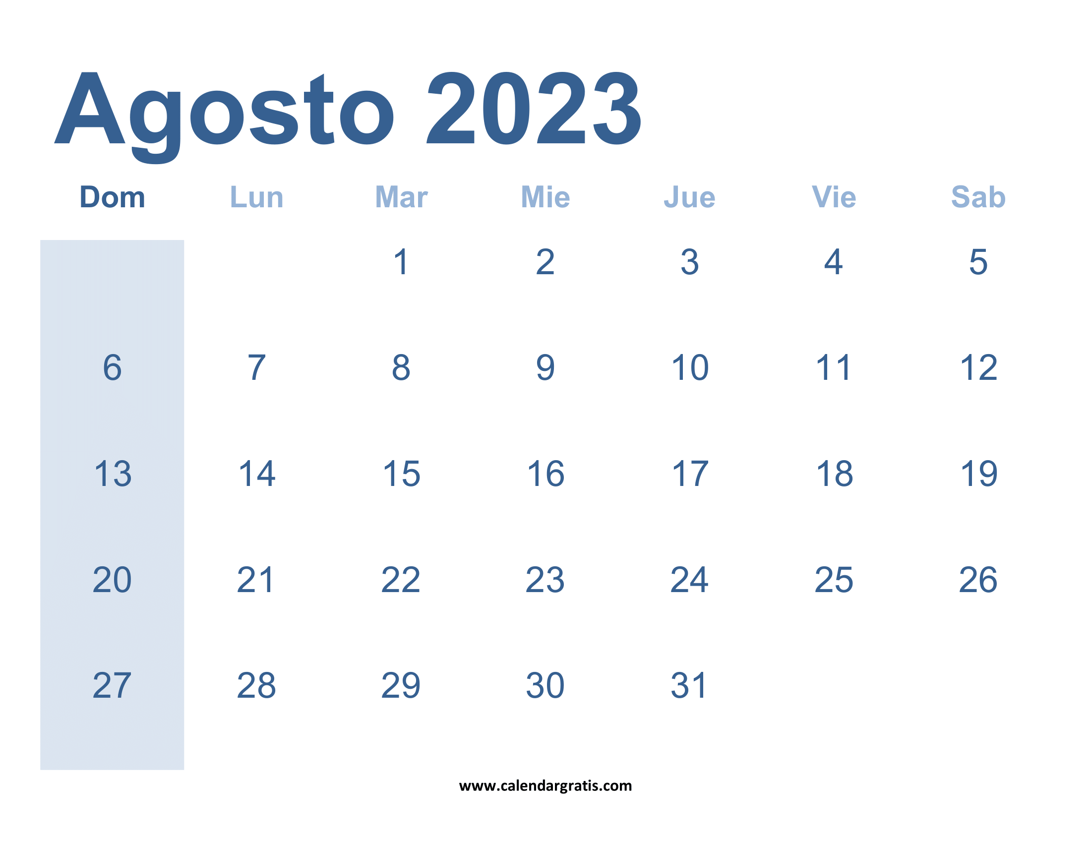 Calendario Agosto 2023 Para Imprimir