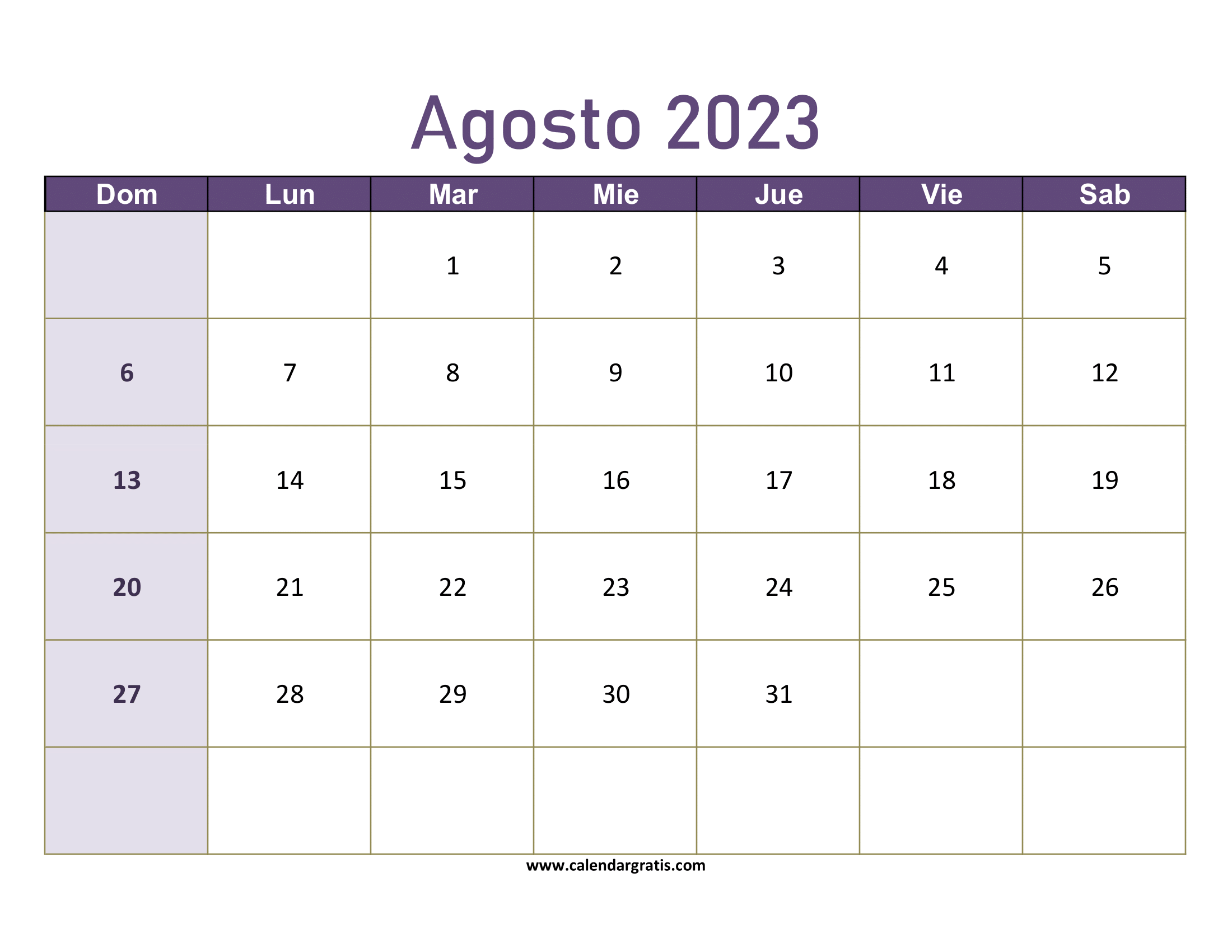 Calendario Agosto 2023