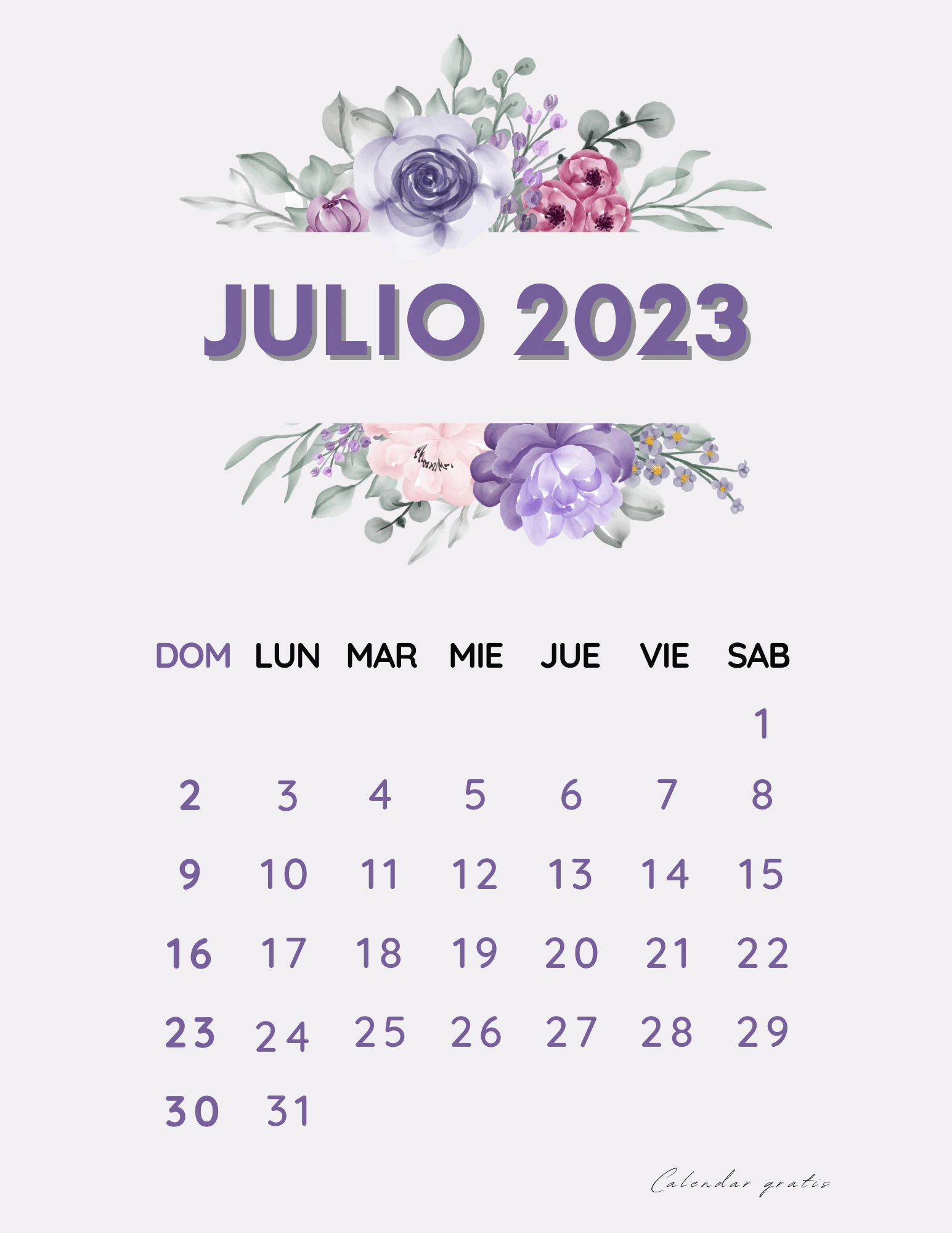 Calendario Julio 2023  Floral Para Imprimir