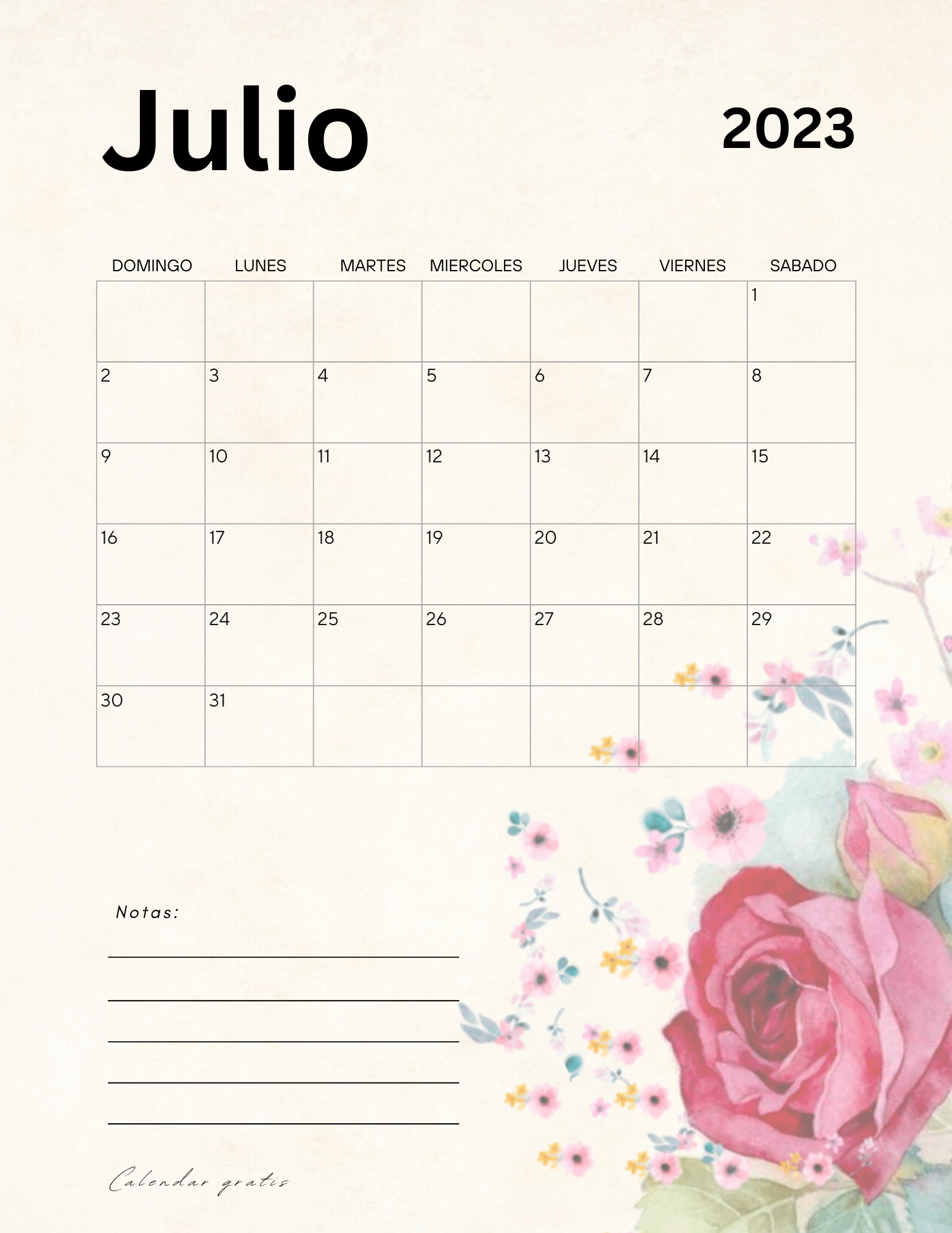 Calendario Julio 2023  Floral