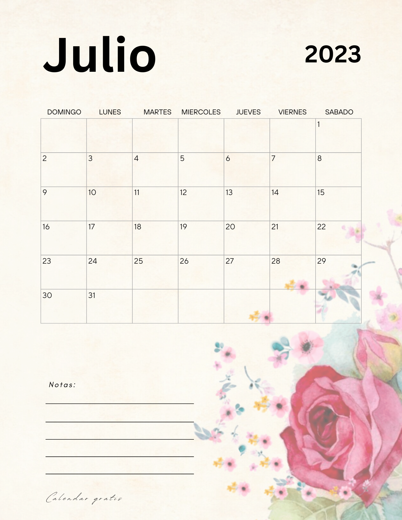 Calendario Julio 2023 Floral