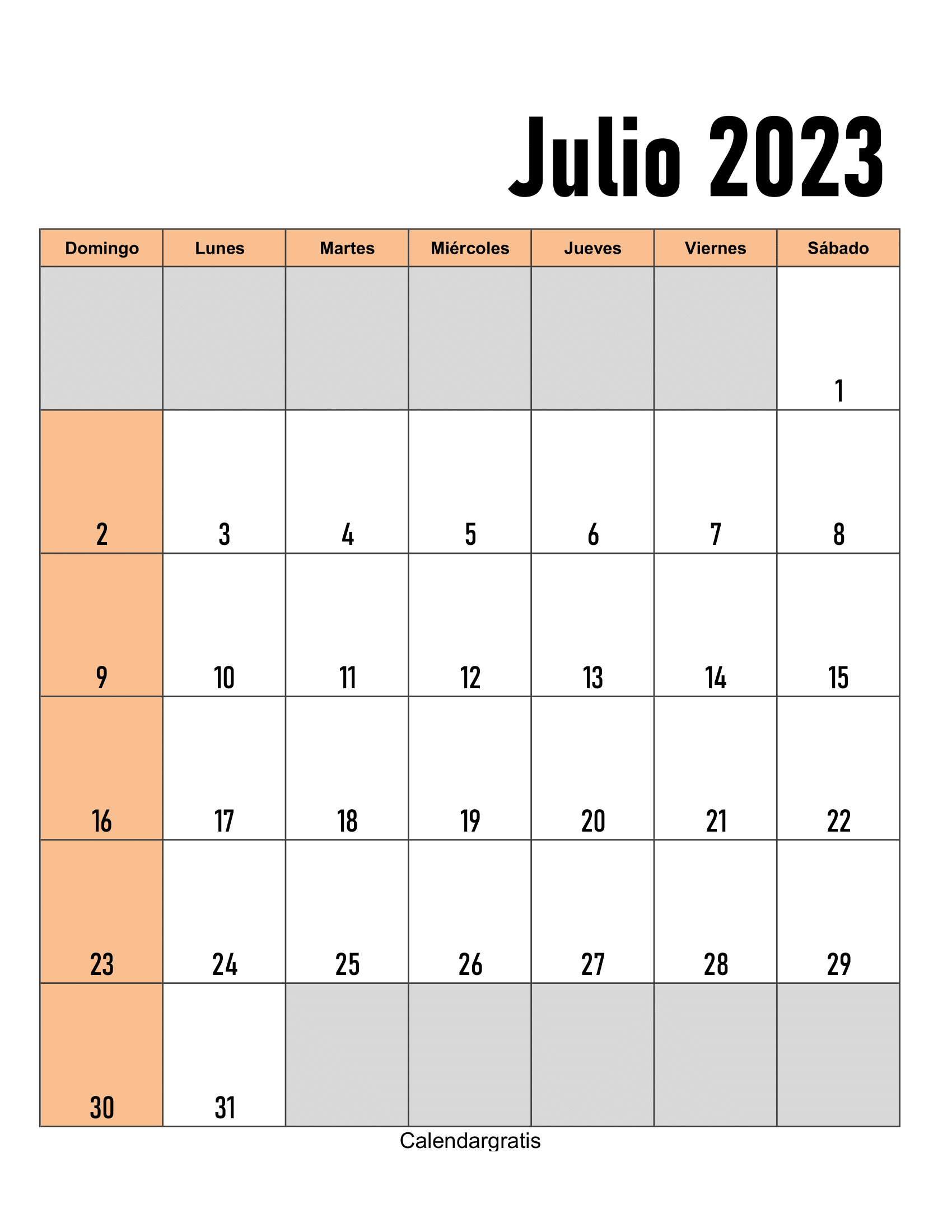 Calendario Julio 2023 Para Imprimir