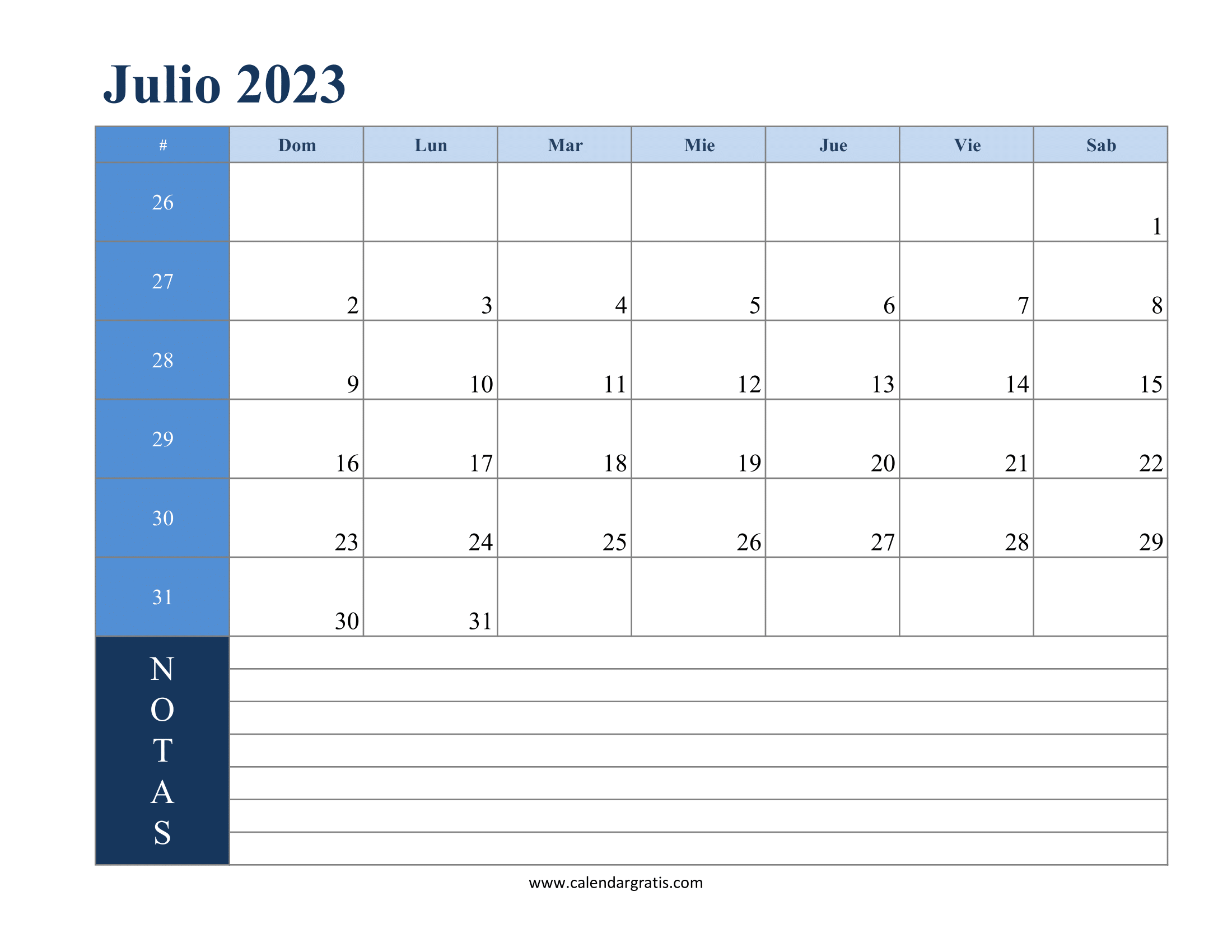 Calendario julio 2023 con apuntes para imprimir gratis: calendario mensual en español con espacio para tomar apuntes y planificar actividades.