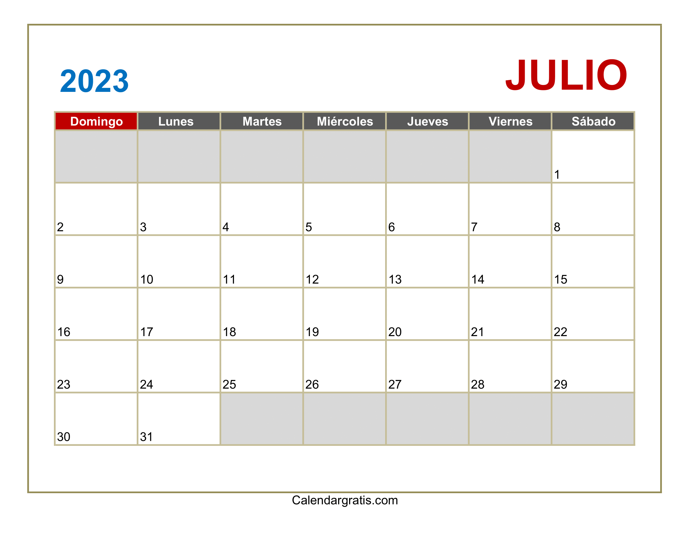 Calendario Julio 2023 Para Imprimir gratis