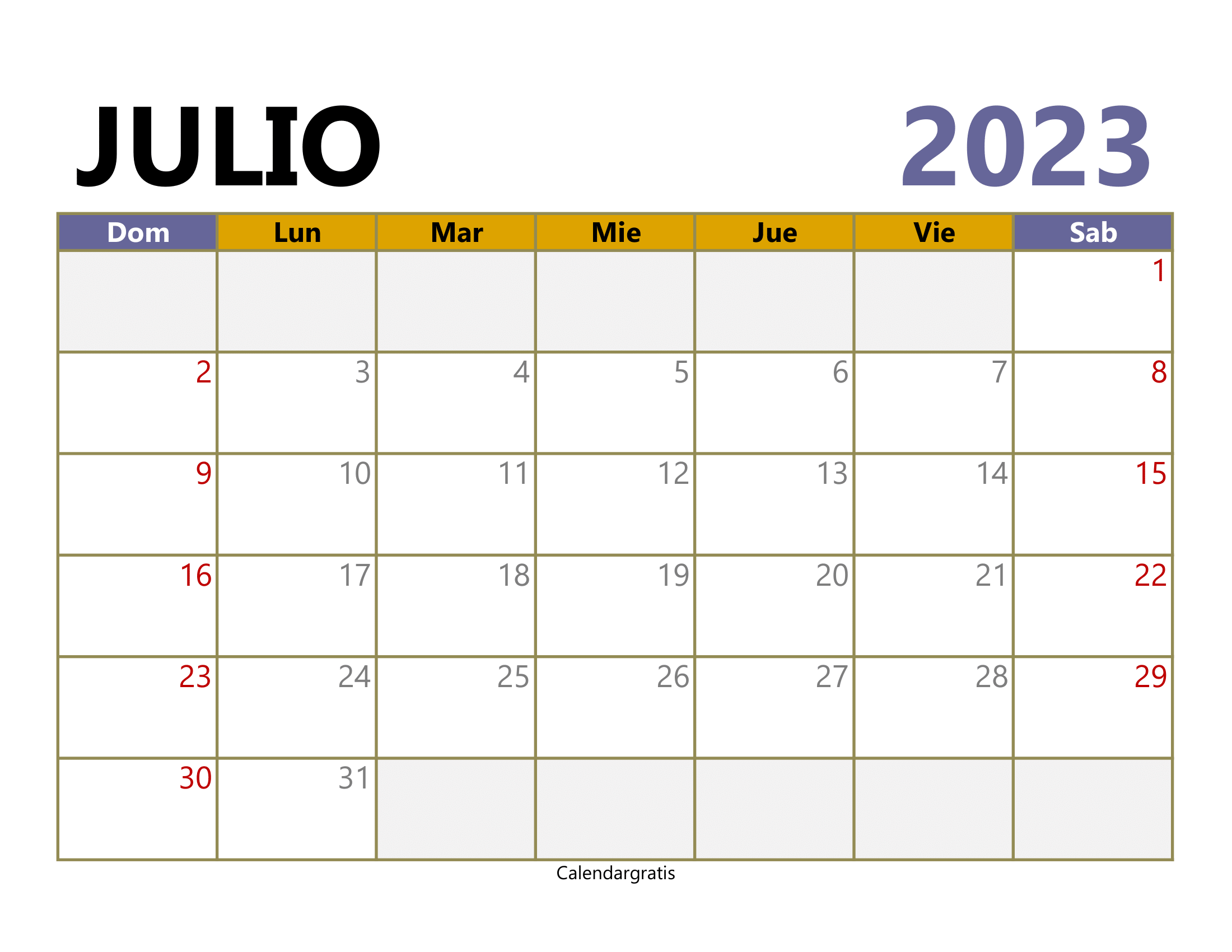 Calendario Julio 2023 Para Imprimir