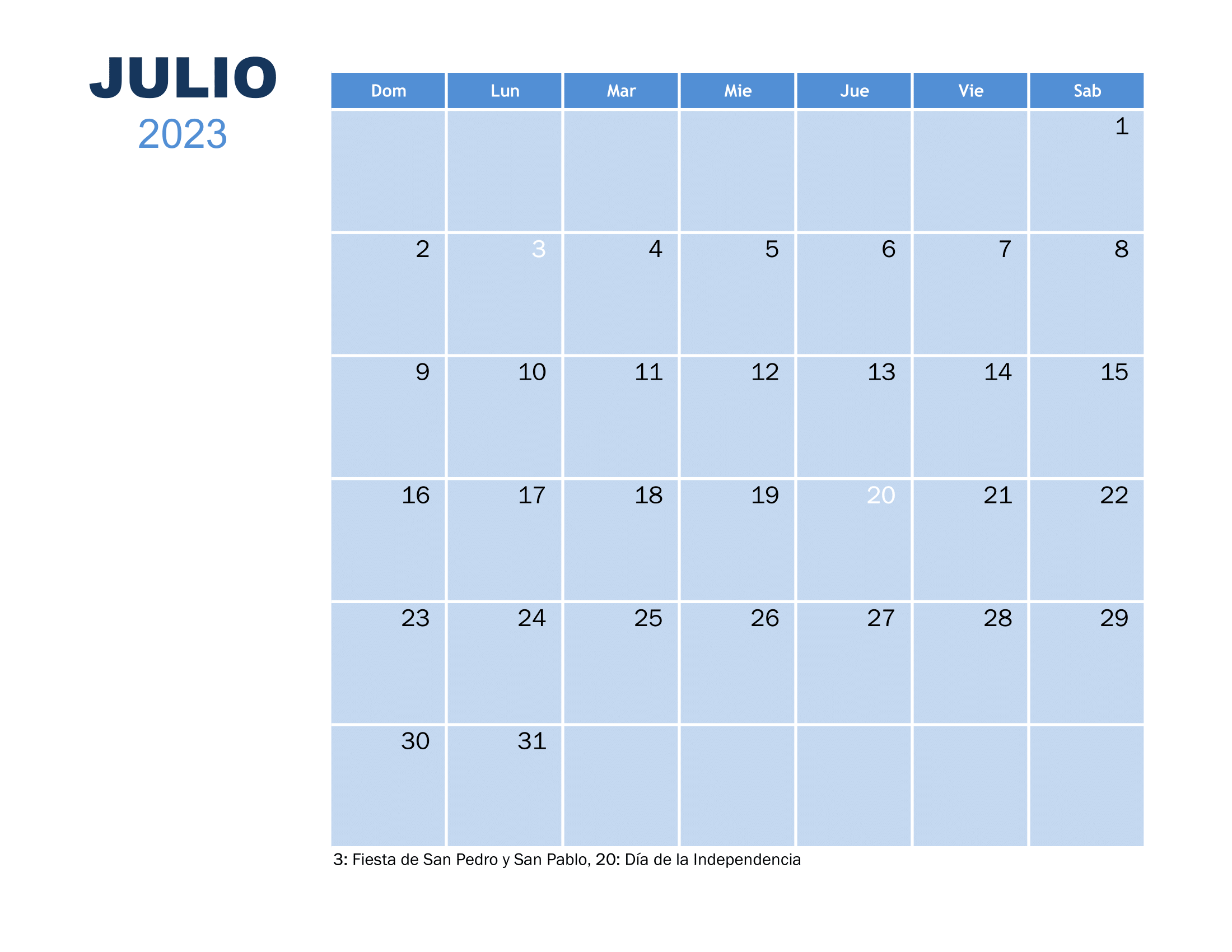Calendario Julio 2023 con Festivos en colombia