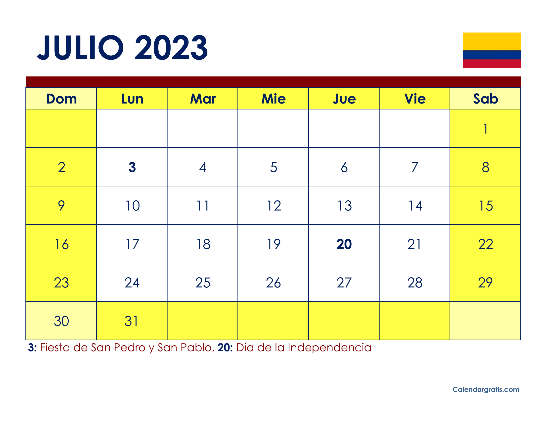 Calendario Julio 2023 con Festivos