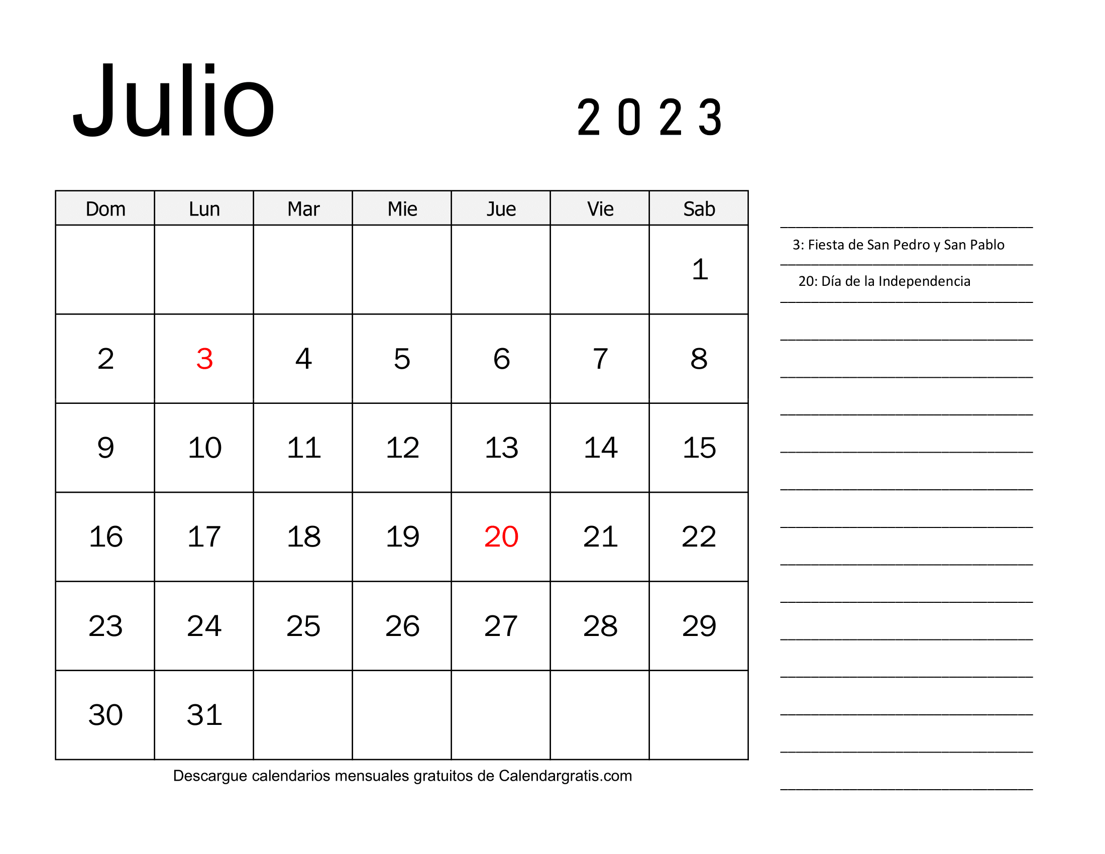Calendario Julio 2023 “Colombia” para imprimir gratis.