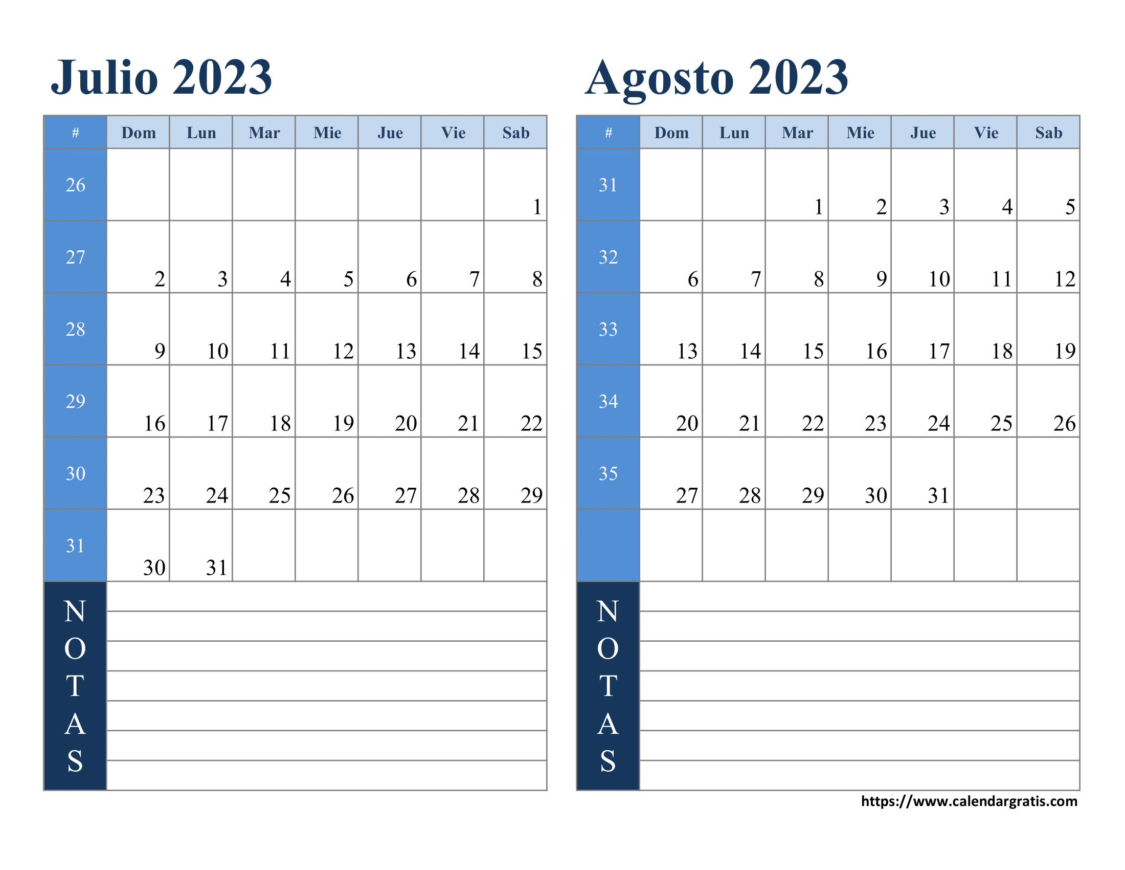 Calendario julio agosto 2023 con notas