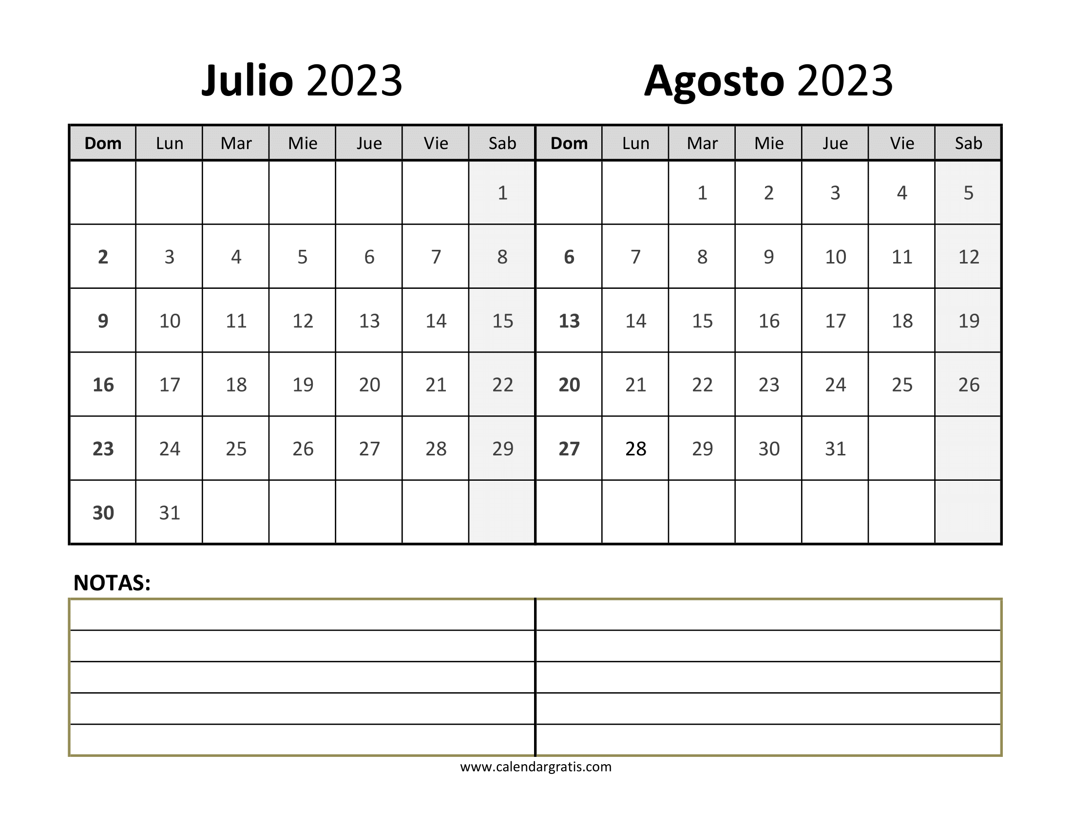 Calendario Julio Agosto 2023 con notas para imprimir