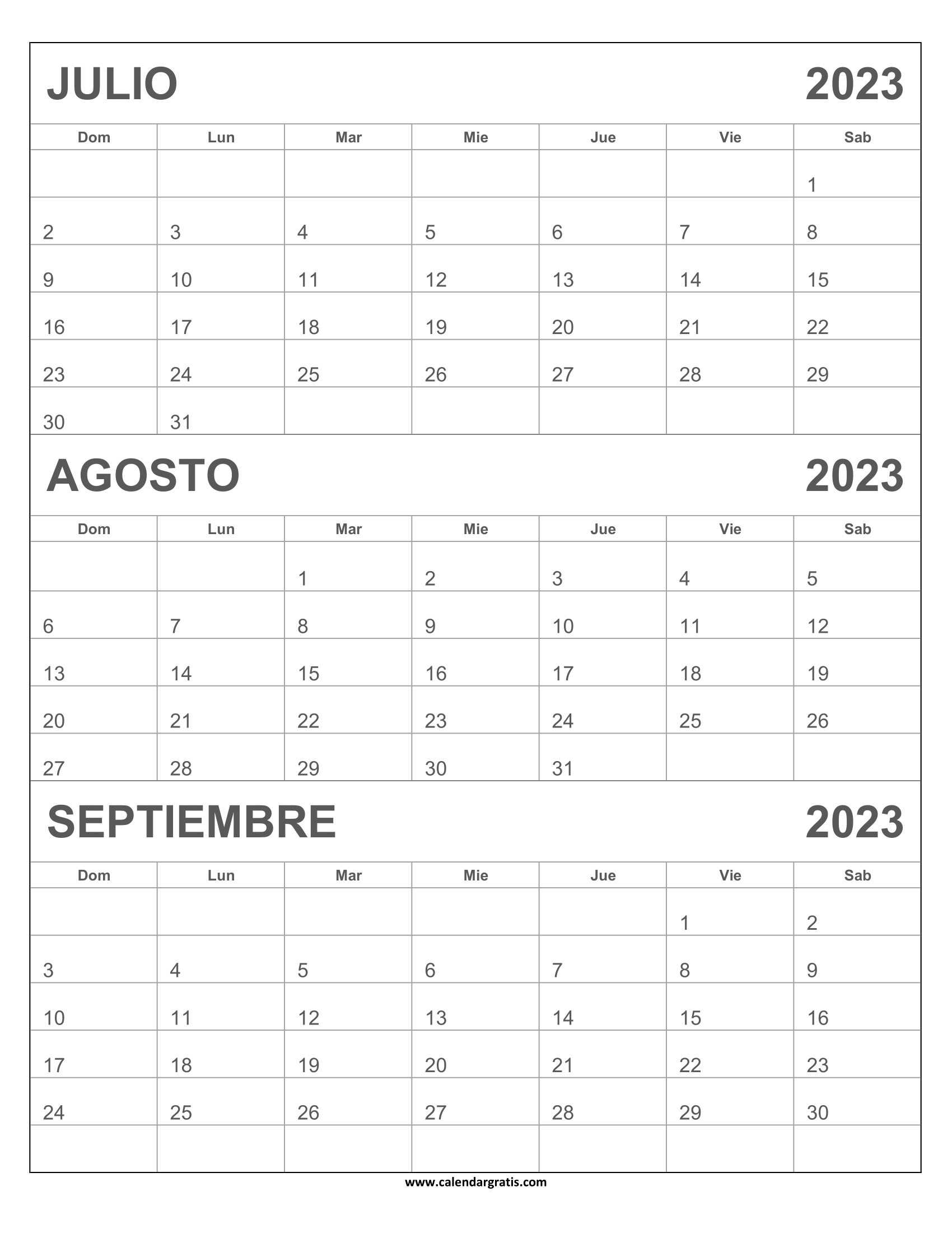 Calendario Julio Agosto Septiembre 2023 gratis