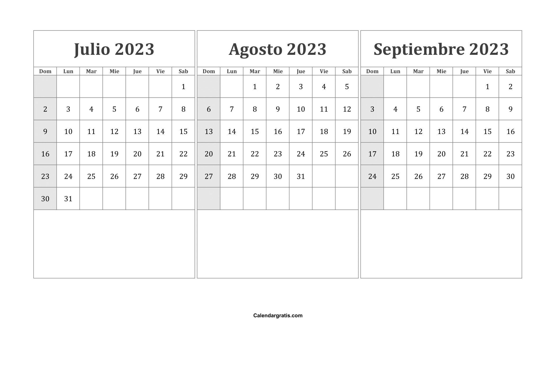 Calendario Julio Agosto Septiembre 2023 para imprimir