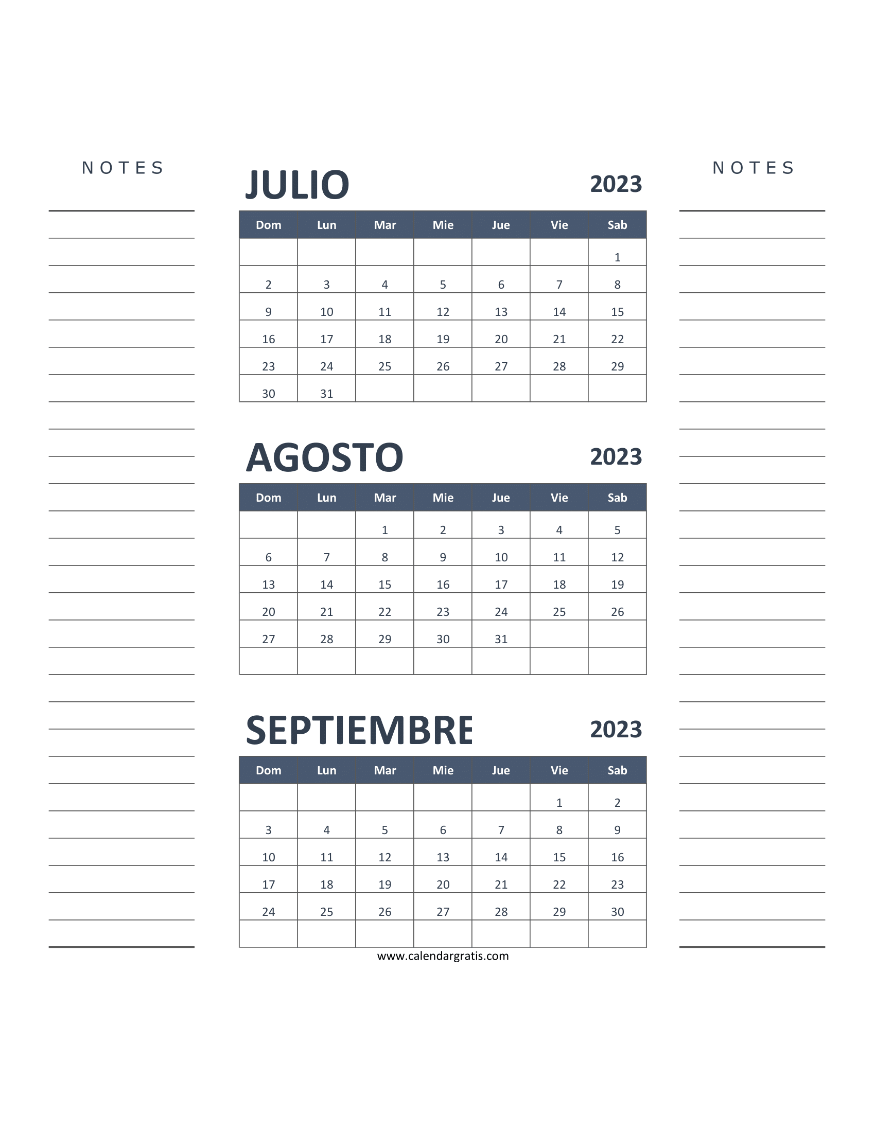 Calendario Julio Agosto Septiembre 2023
