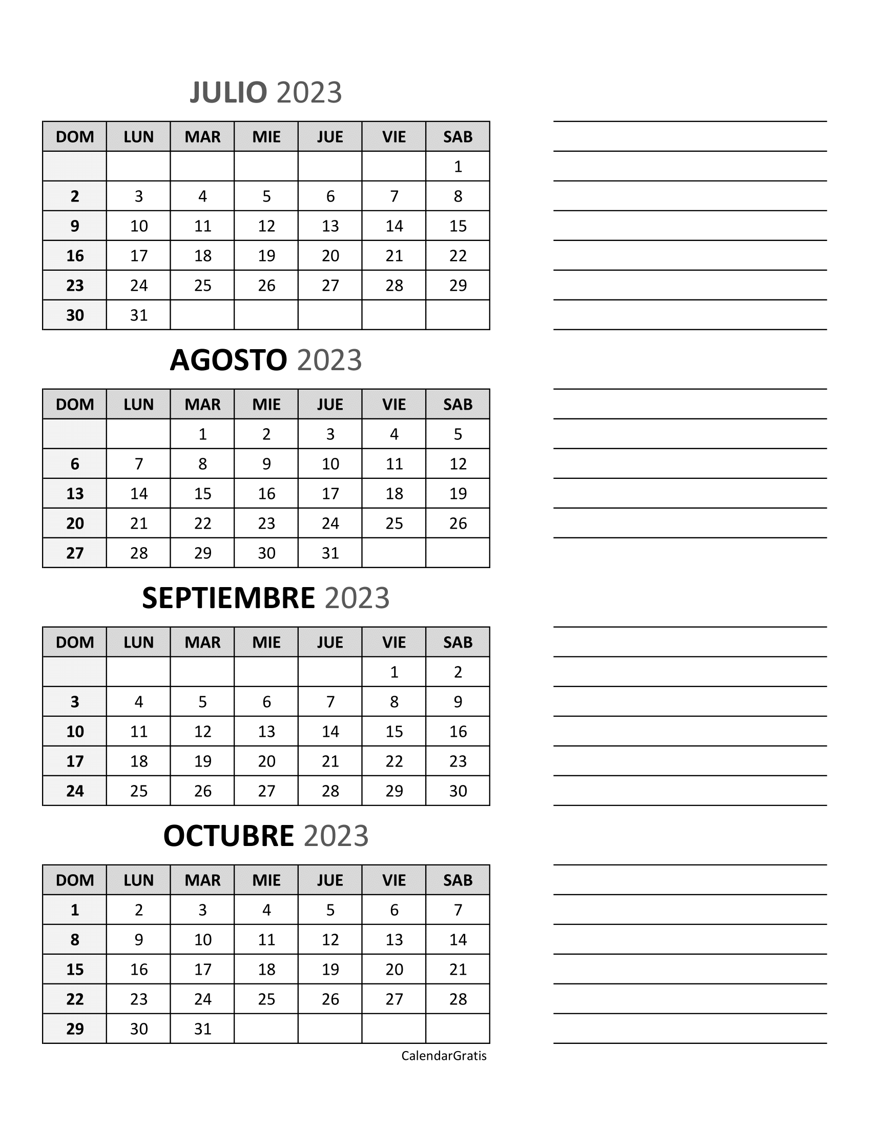 Calendario Julio Agosto Septiembre Octubre 2023