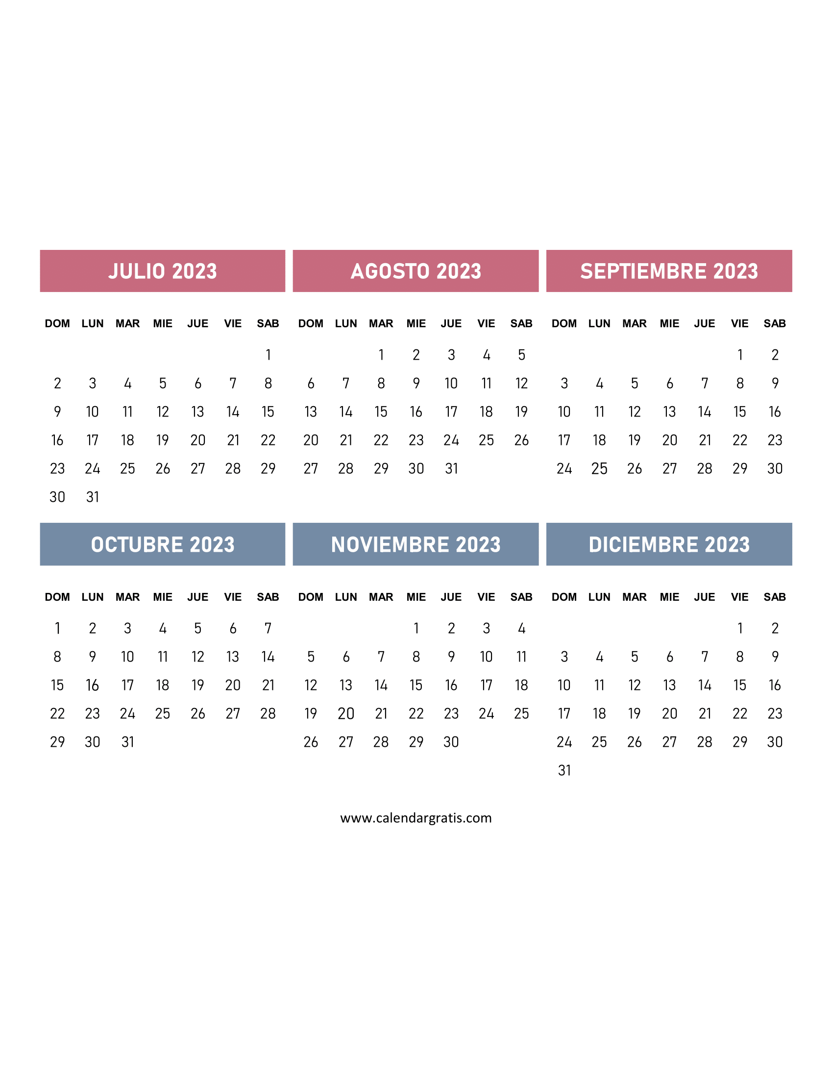 Calendario Julio a Diciembre 2023