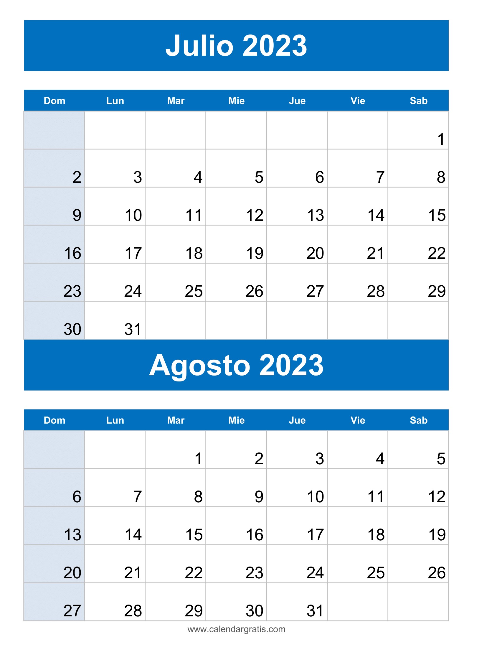 Calendario Julio y Agosto 2023 Para Imprimir
