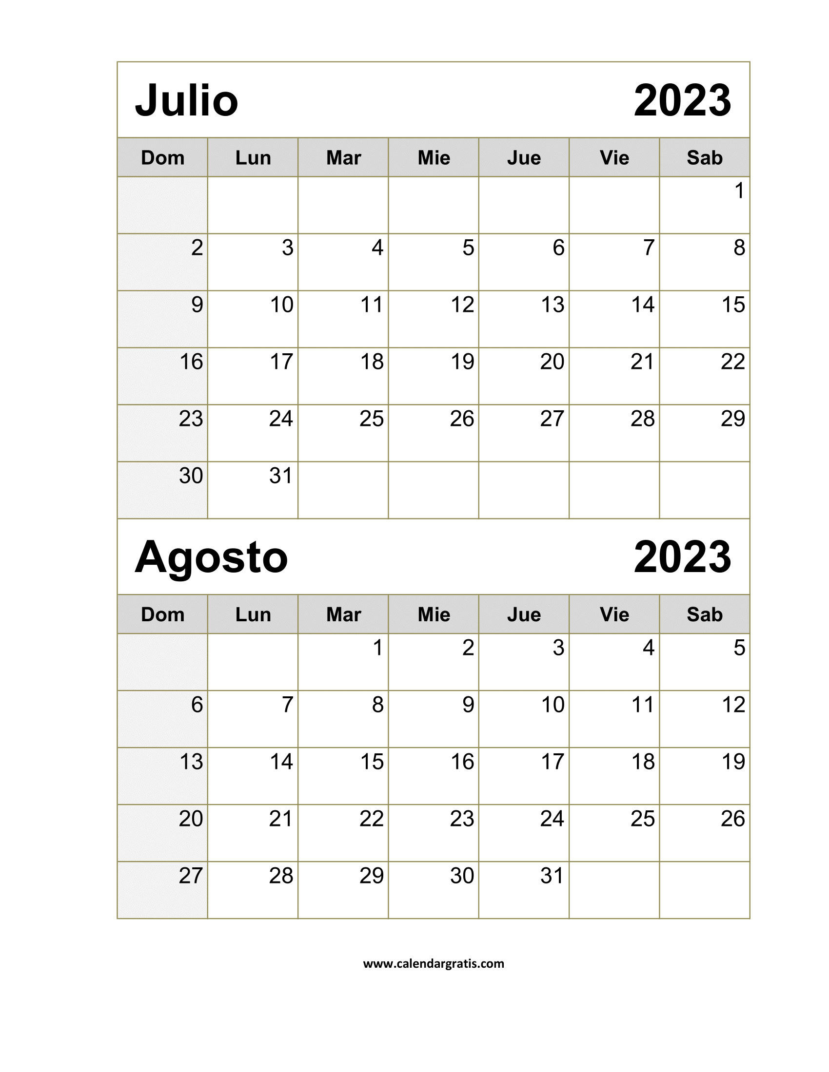 Descarga el Calendario Vertical Julio-Agosto 2023 para una visualización sencilla y eficaz de tus actividades y eventos en formato vertical.