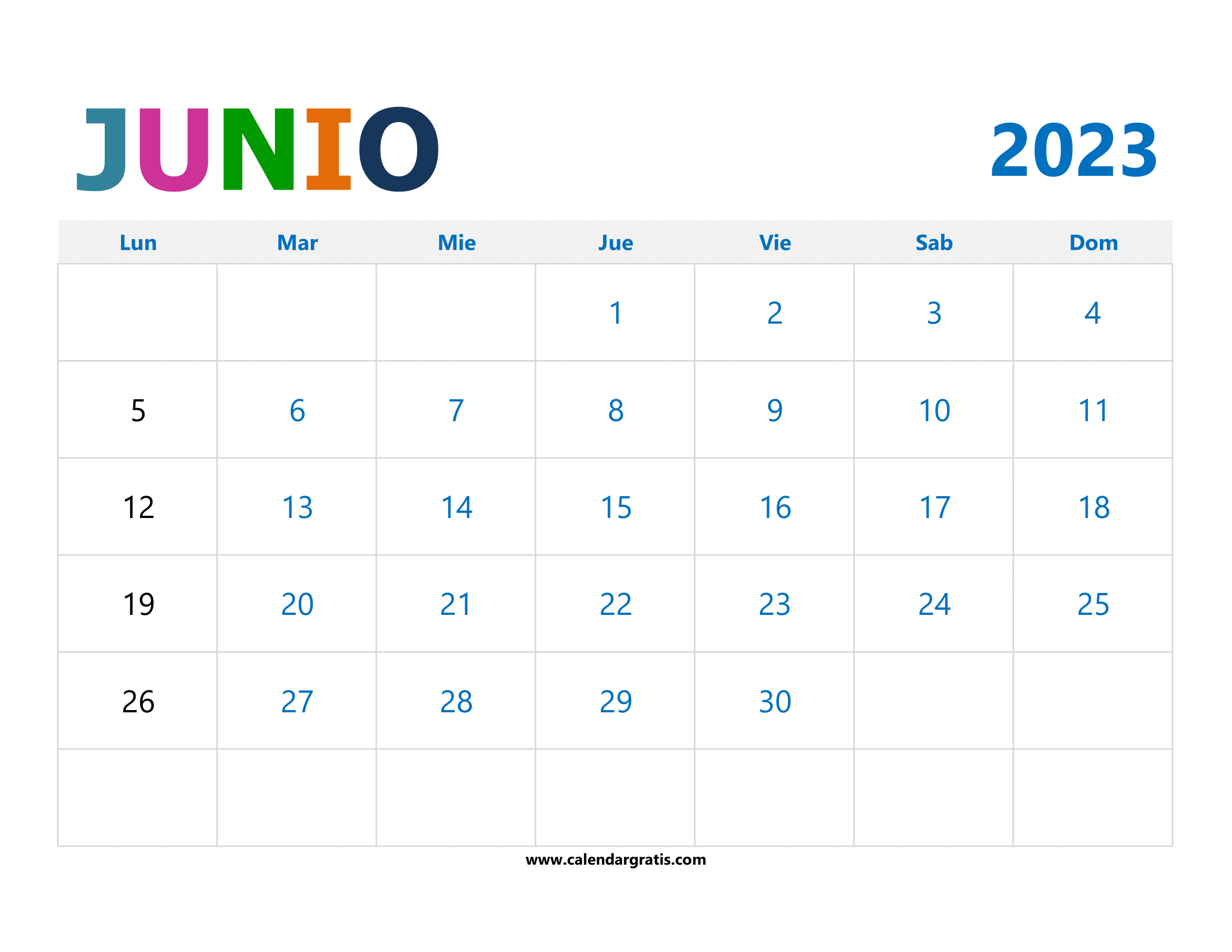 Calendario Junio 2023 Imprimir