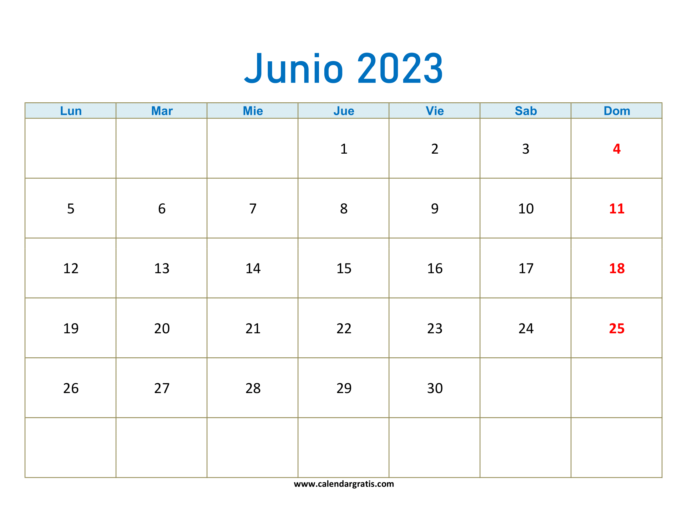 Calendario Junio 2023 Para Imprimir