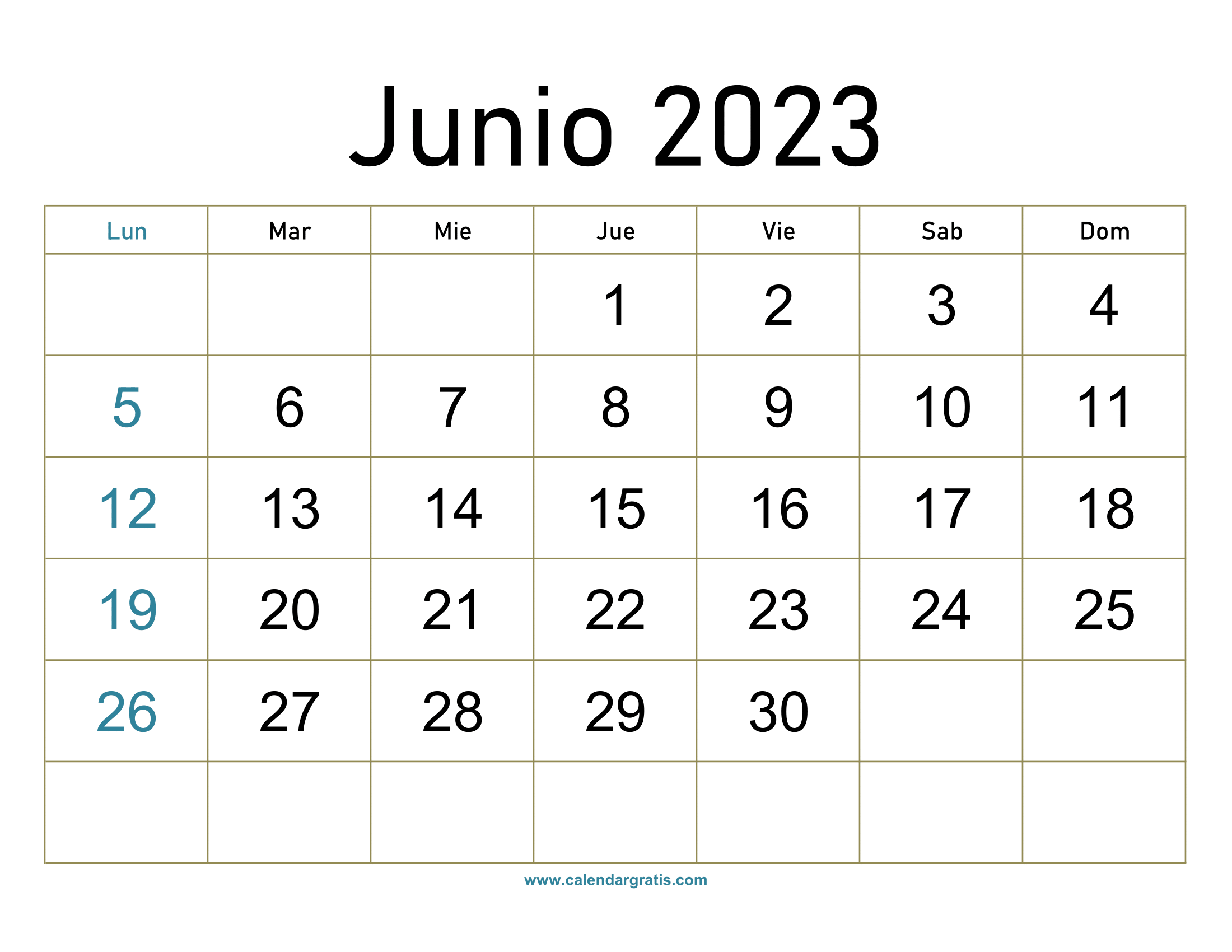 Calendario Junio 2023