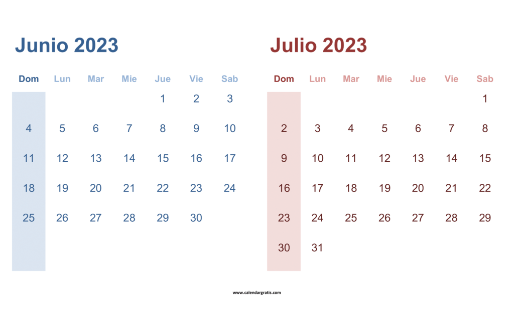 Calendario Junio Julio 2023 Para Imprimir - Calendar Gratis