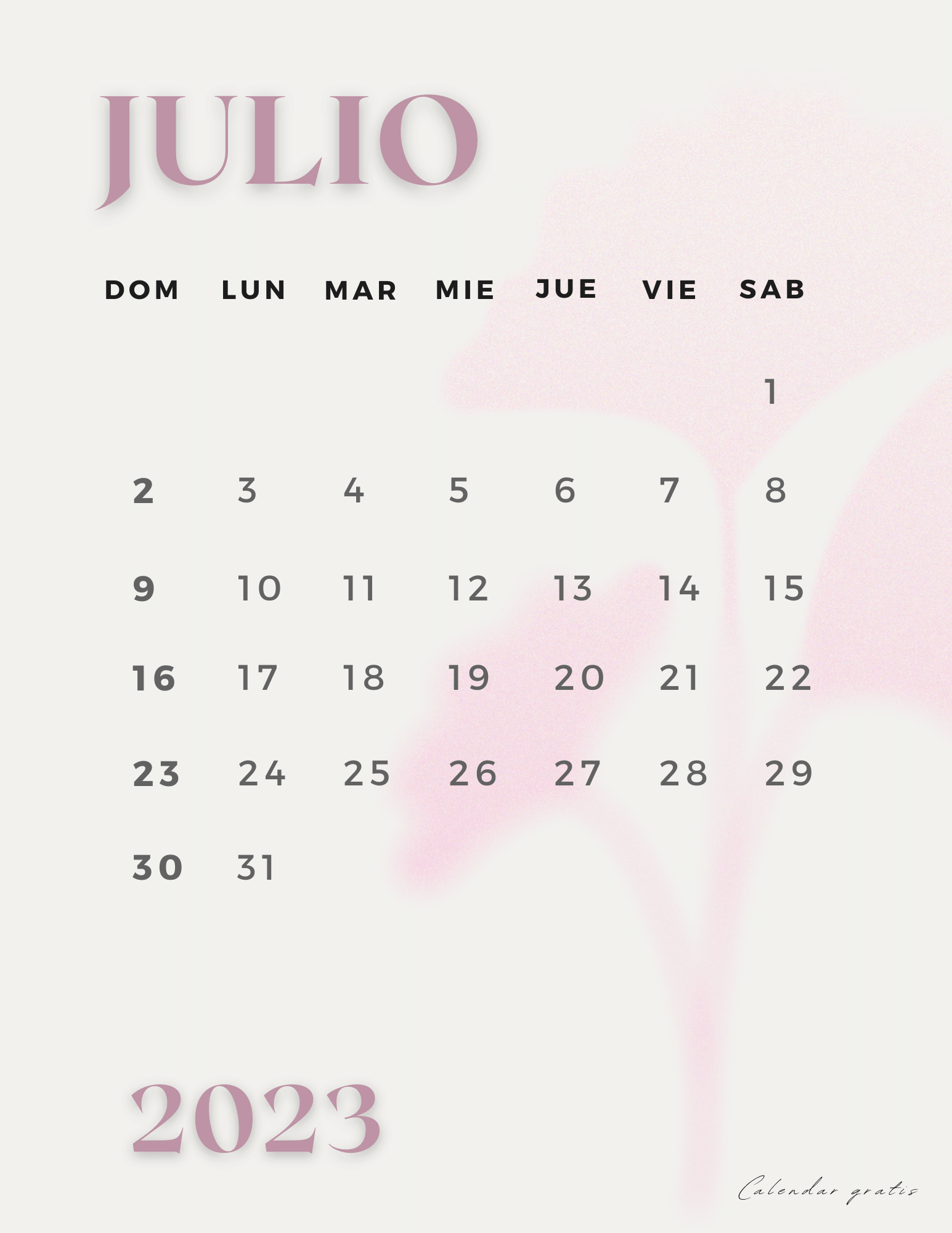 Calendario Lindo Julio 2023 Gratis