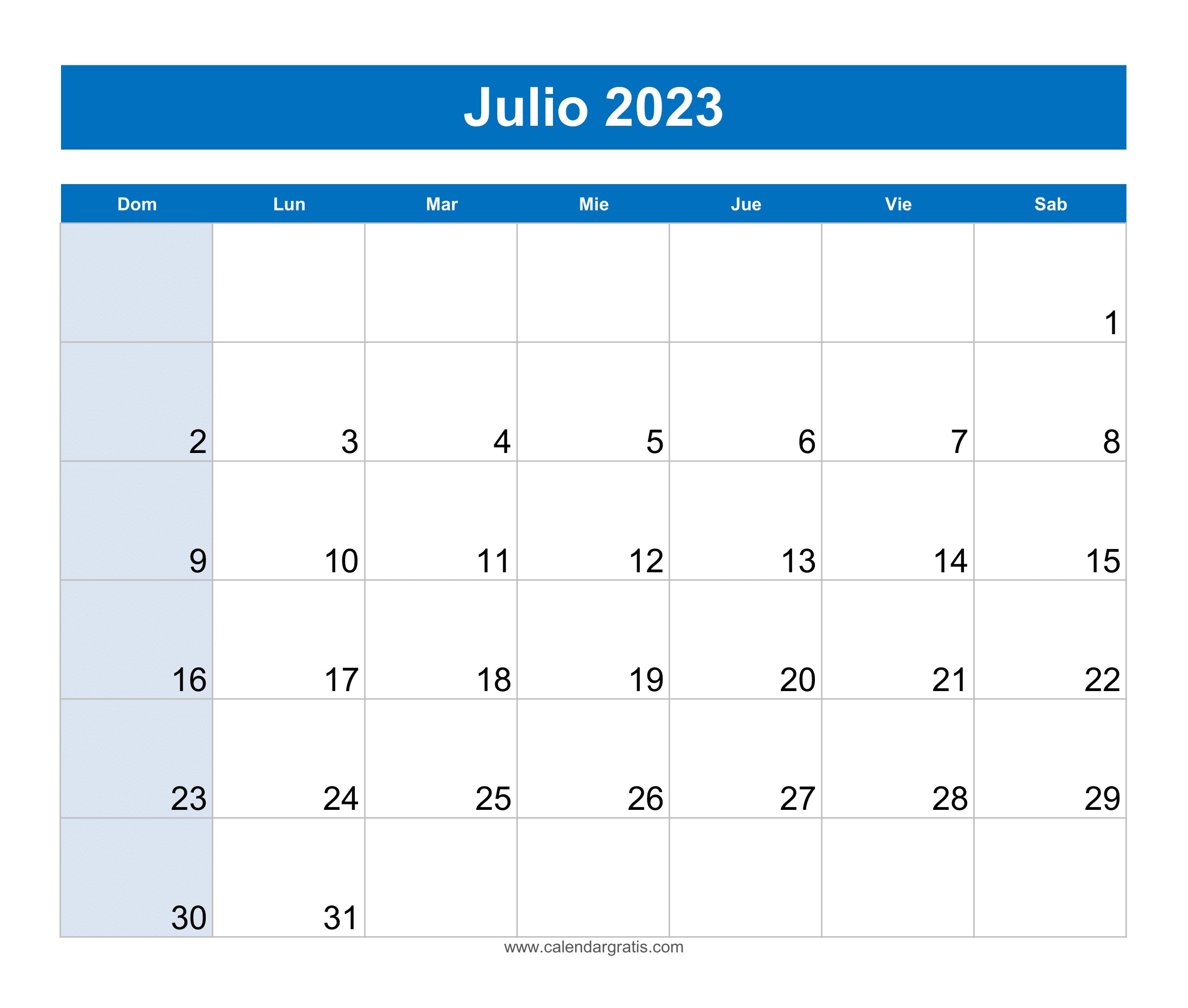 Descargar Calendario Julio 2023