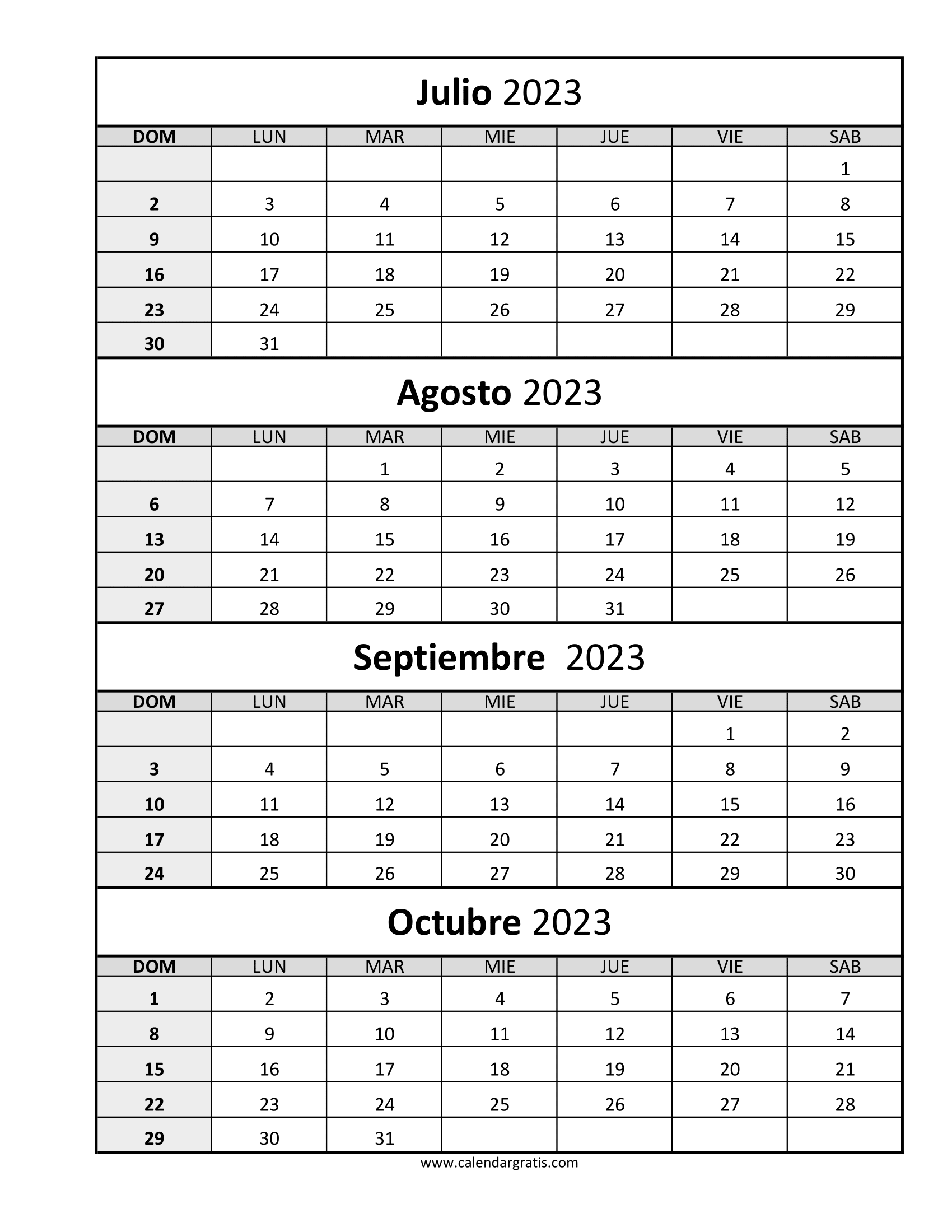 Descargar Calendario Julio Agosto Septiembre Octubre 2023