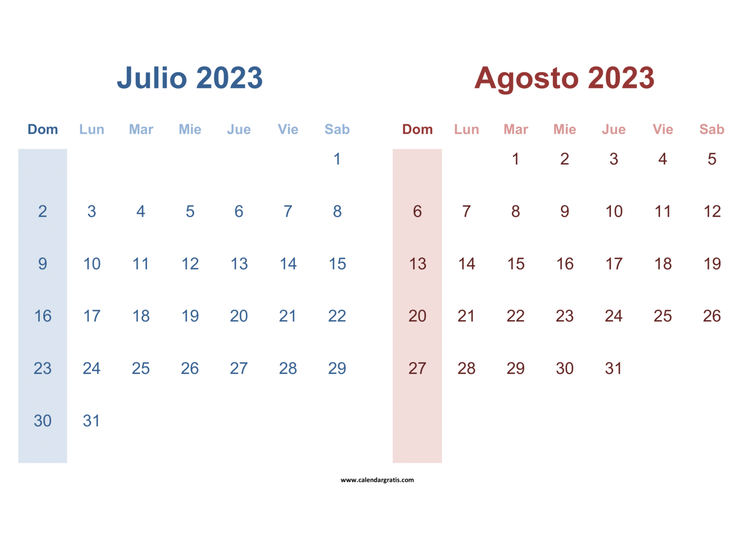Calendario Julio y Agosto 2023 Para Imprimir Gratis