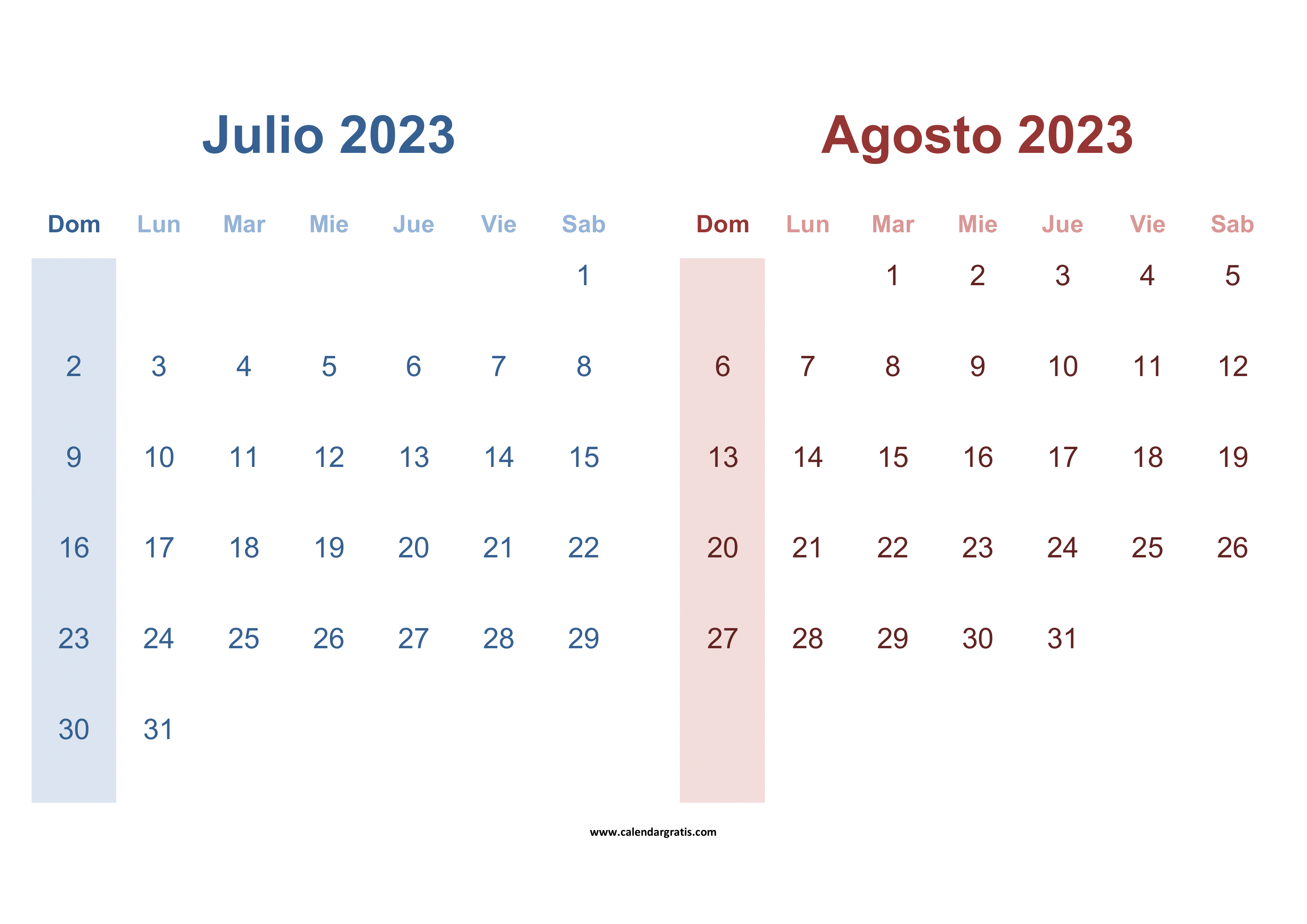 Calendario Julio y Agosto 2023 - un calendario de dos meses imprimible 