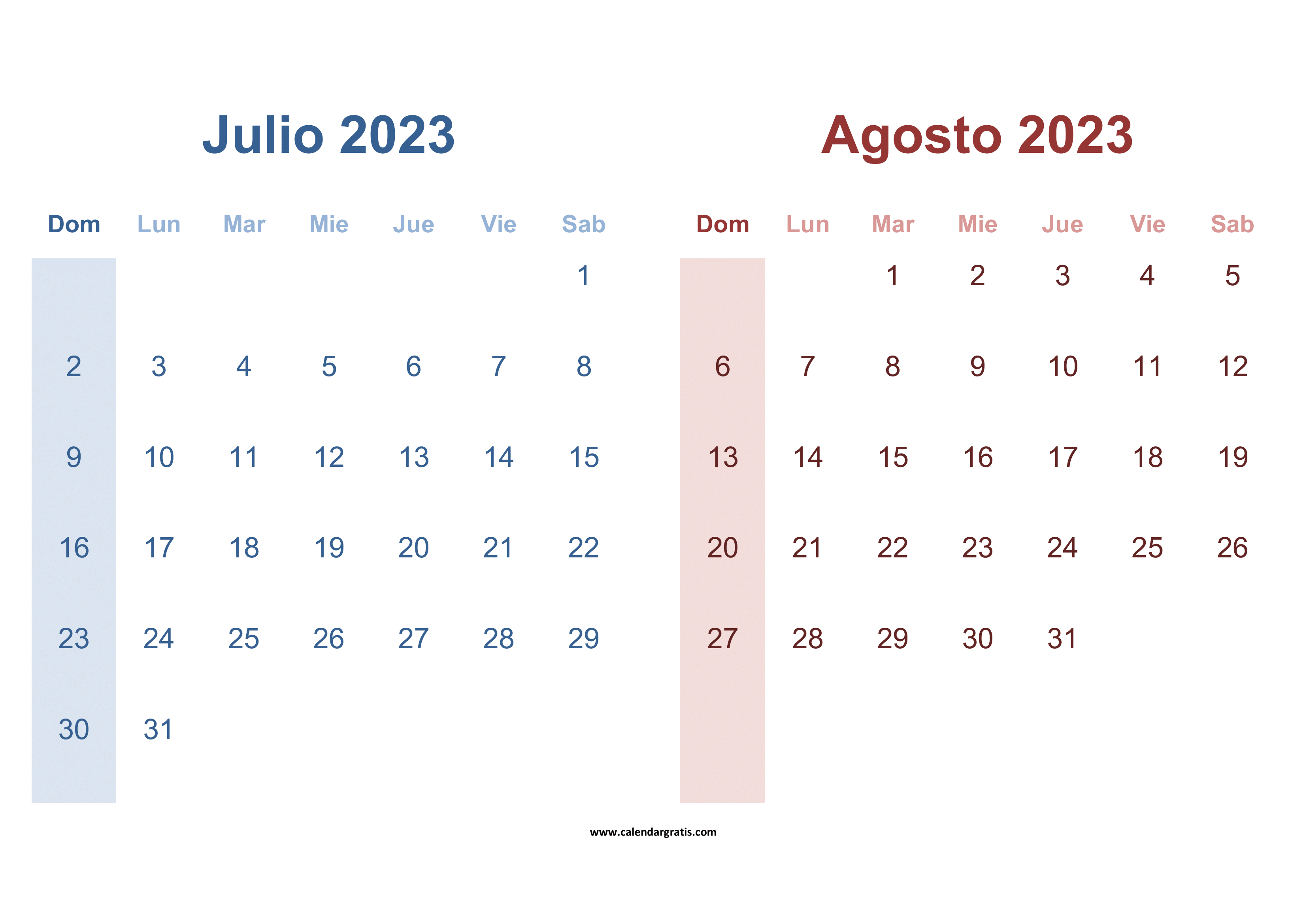 Calendario Julio y Agosto 2023 - un calendario de dos meses imprimible