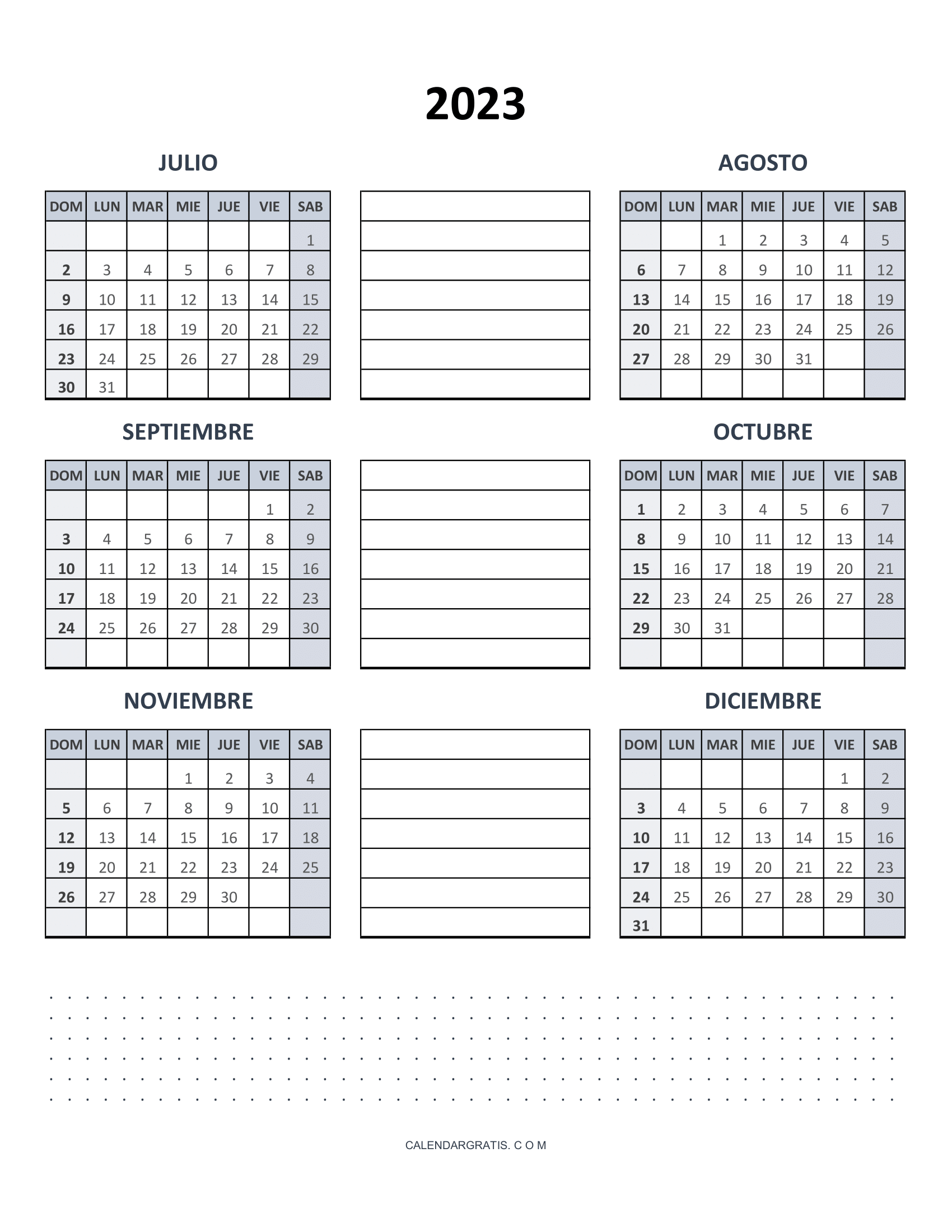 Calendario Julio Agosto Septiembre Octubre Noviembre Diciembre 2023 para imprimir