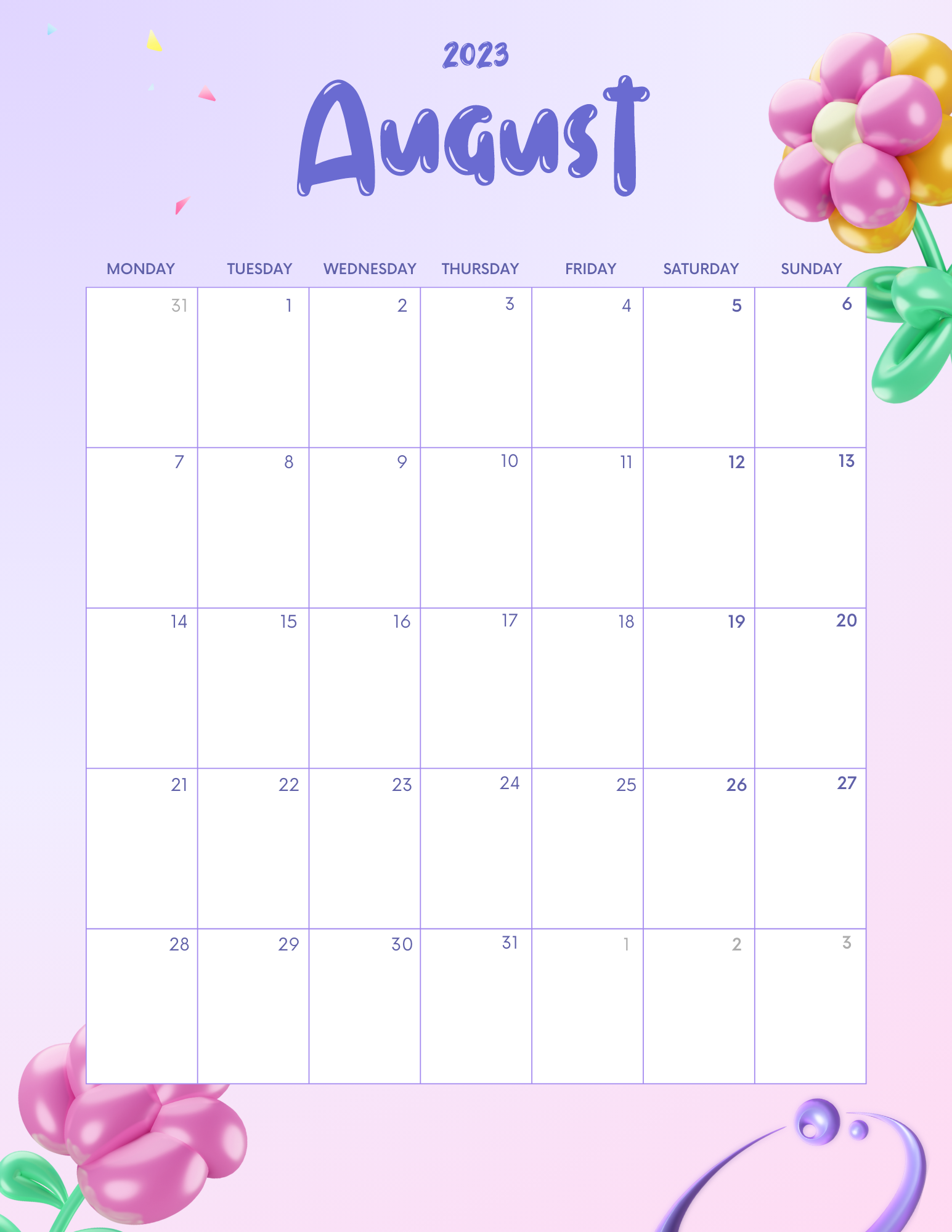 Detailed August 2023 calendar for planning