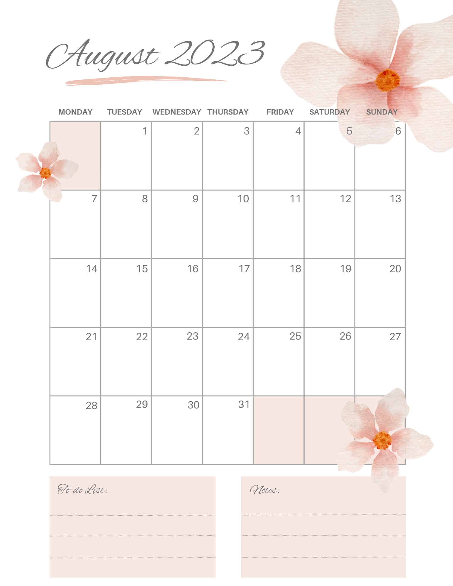 A August 2023 calendar printable, perfect for planning the last days of summer