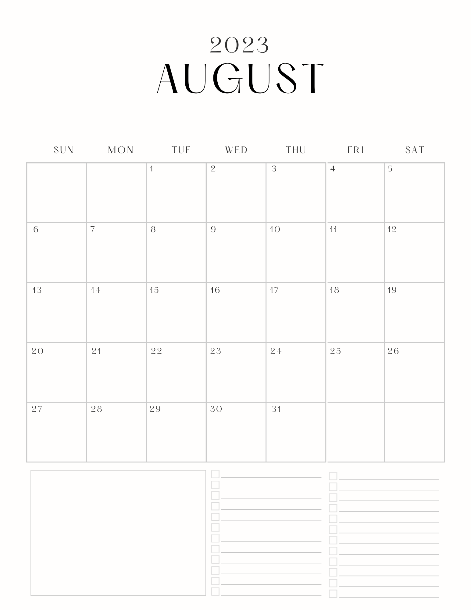 August 2023 calendar Printable template for free