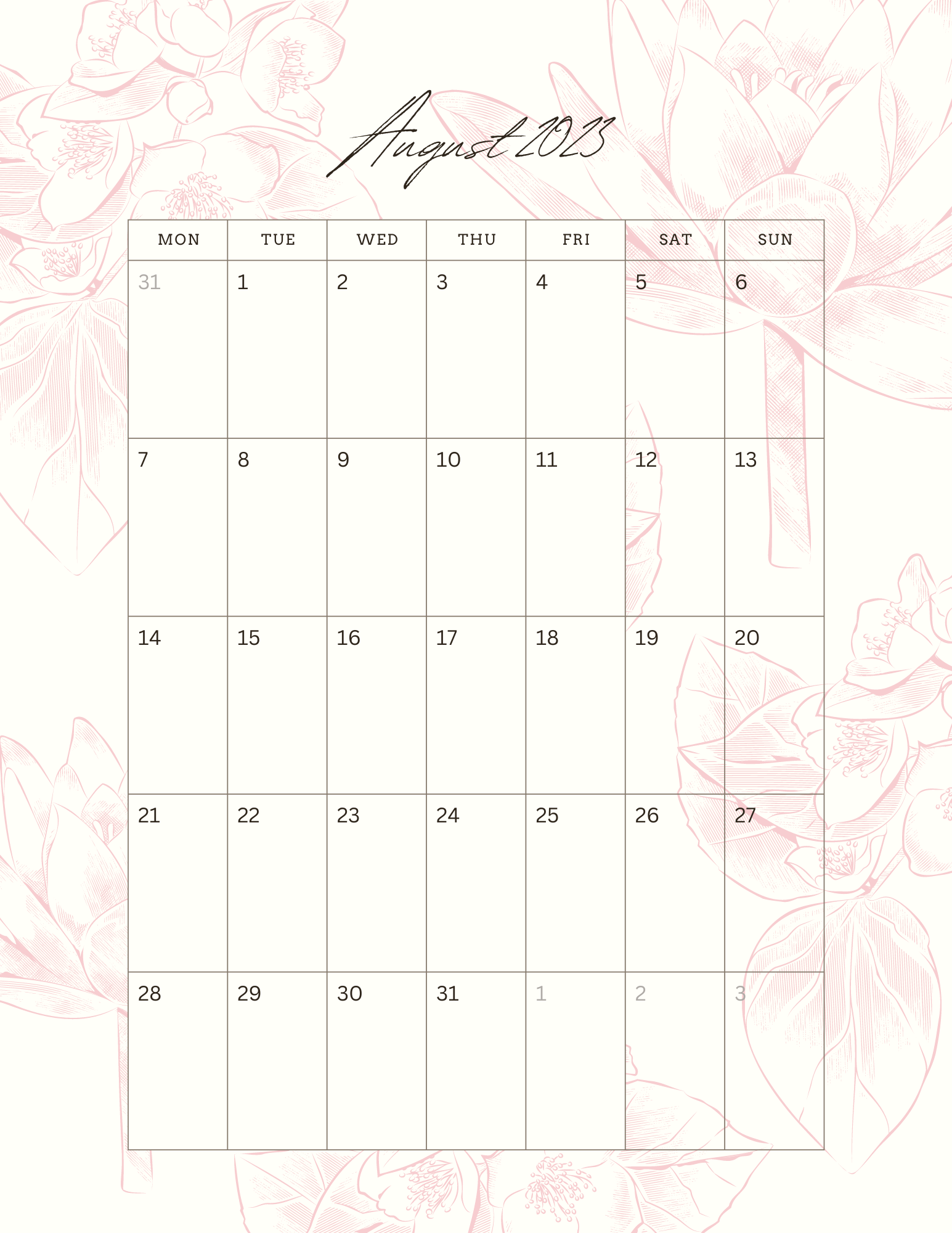 Printable and customizable August 2023 calendar