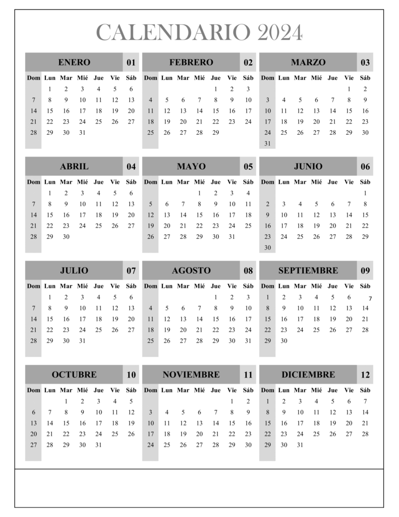 Un calendario 2024 para imprimir todo el año en formato de imagen con opciones de personalización