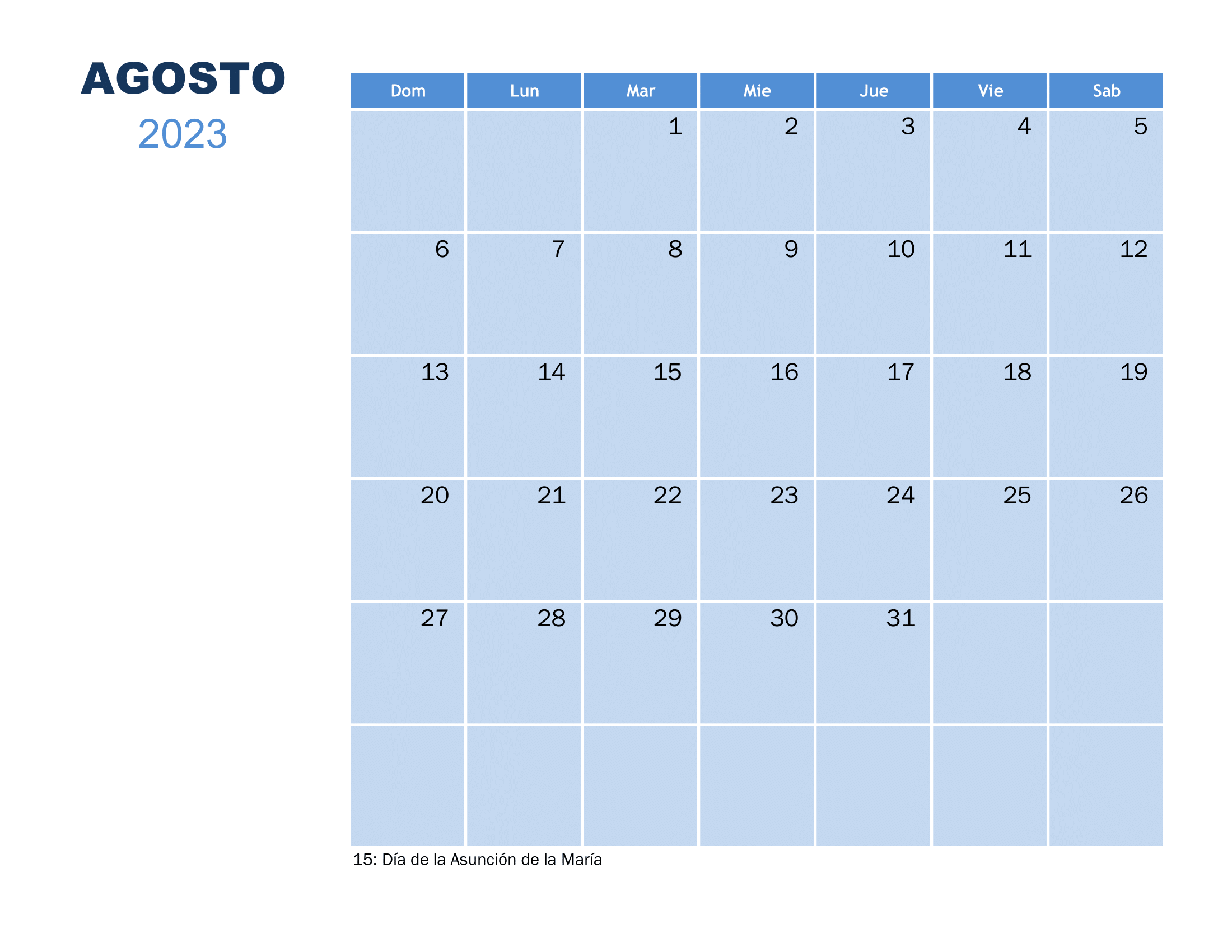 Ilustración de un Calendario agosto 2023 con festivos España