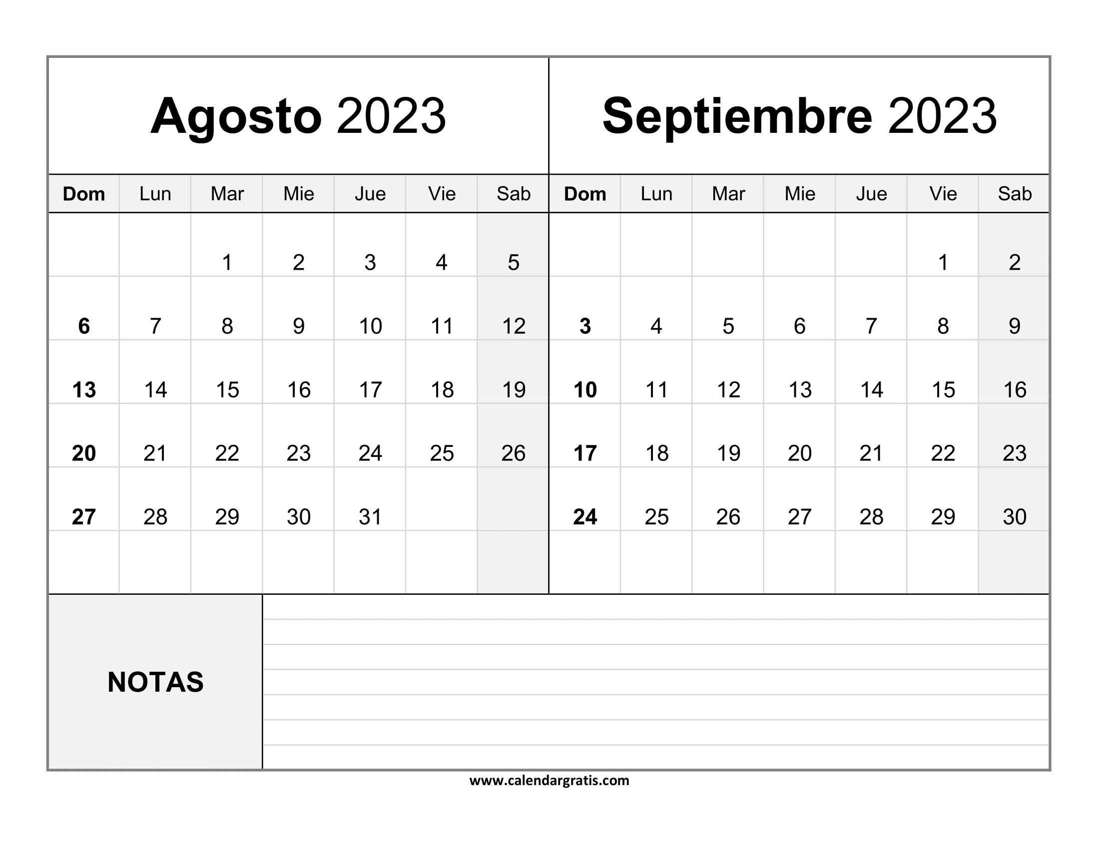 Calendario Agosto Septiembre 2023 Para Imprimir