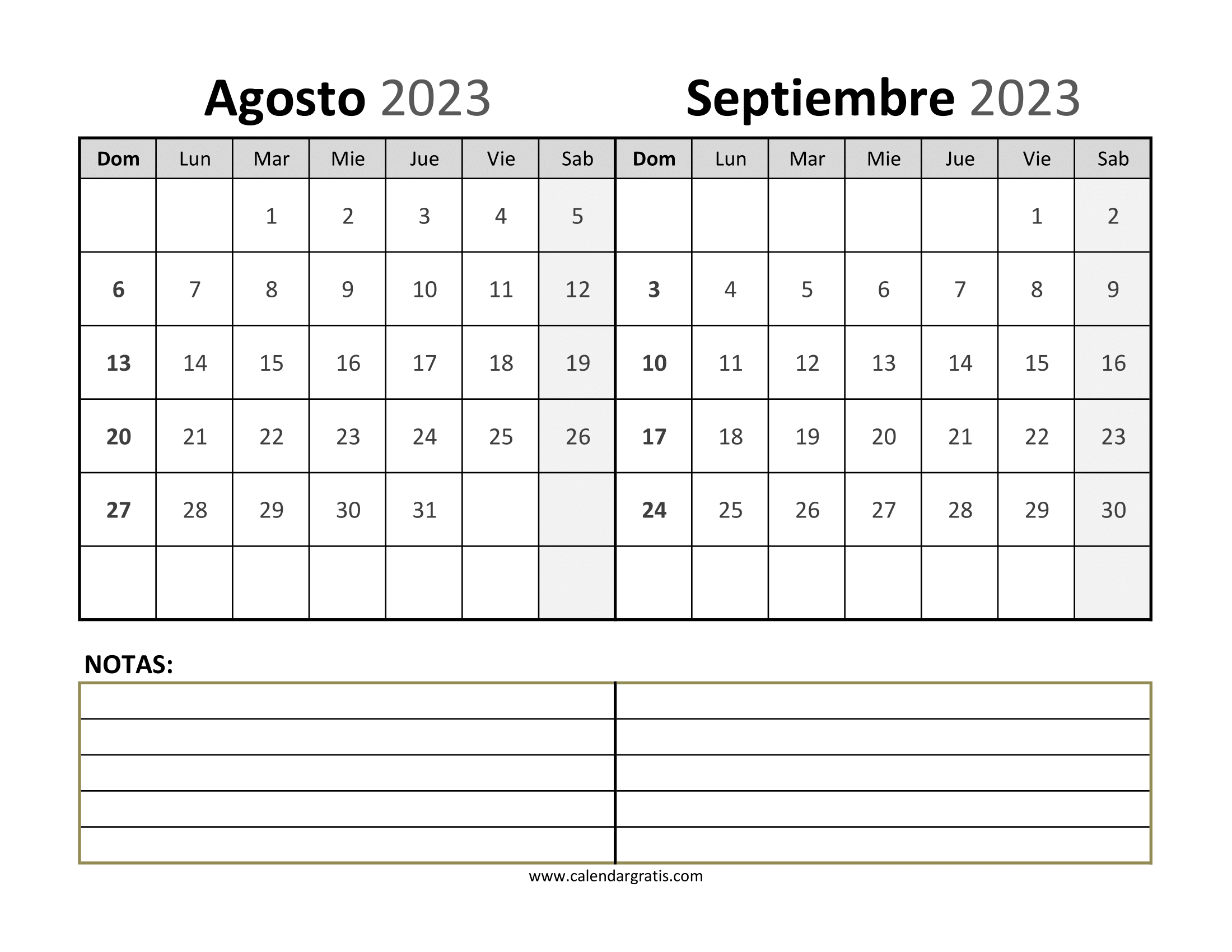 Calendario Agosto Septiembre 2023 Para Imprimir: Dos meses en una sola página