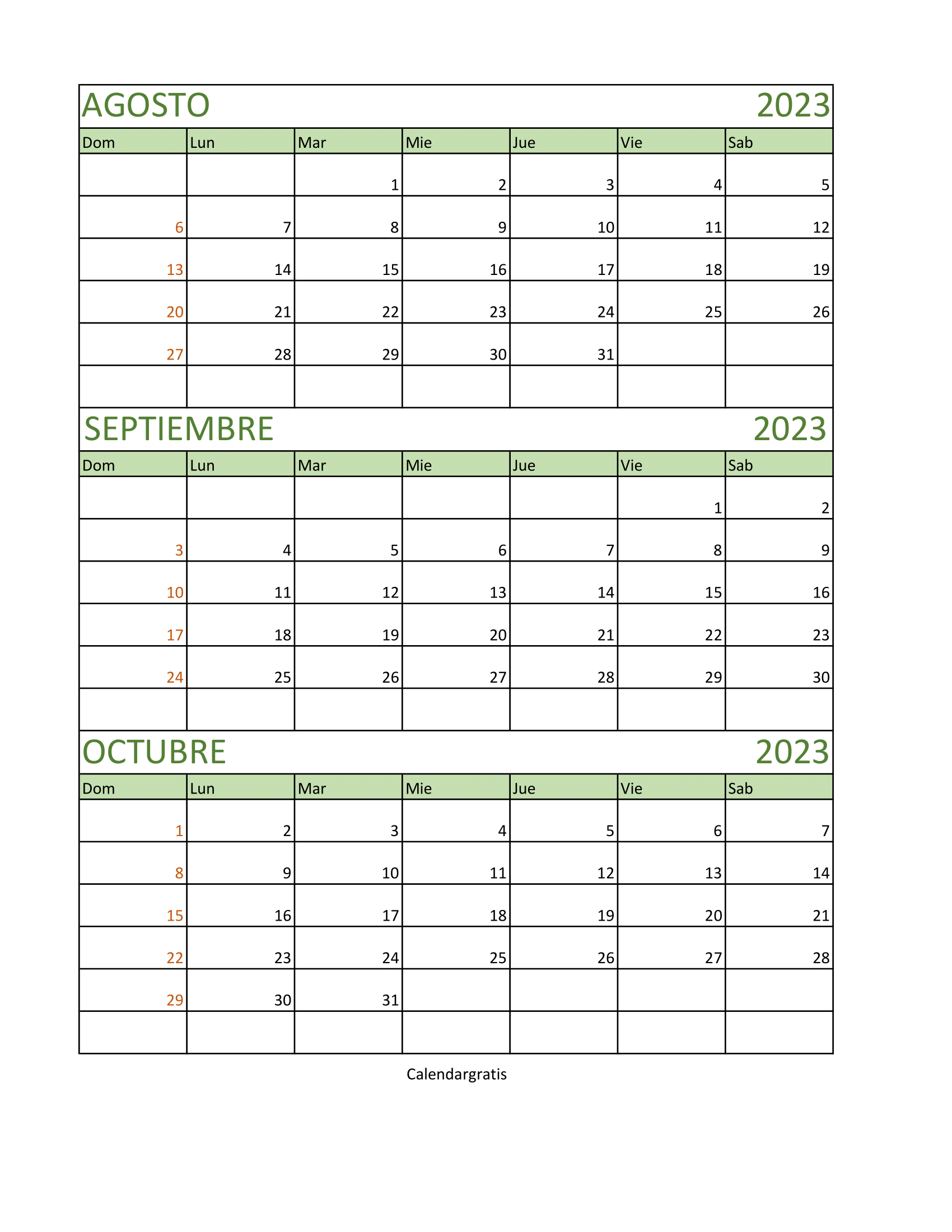 Calendario Agosto, Septiembre, Octubre 2023 para imprimir en español