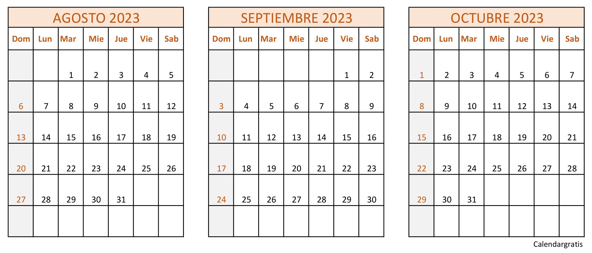 Descarga gratis el calendario Agosto, Septiembre Octubr 2023  para imprimir