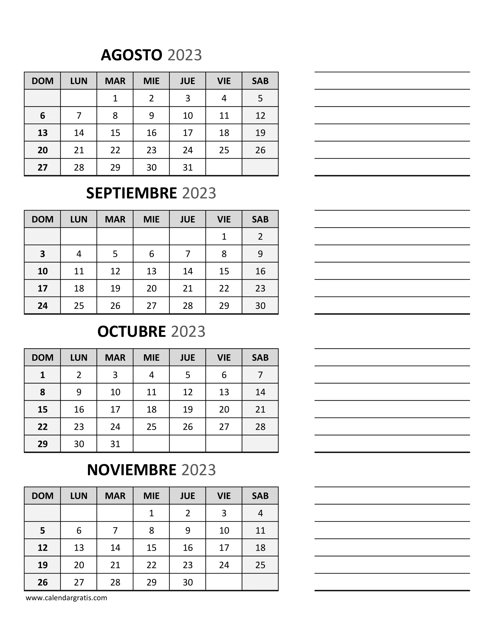 Calendario Agosto, Septiembre, Octubre, Noviembre 2023 con Notas