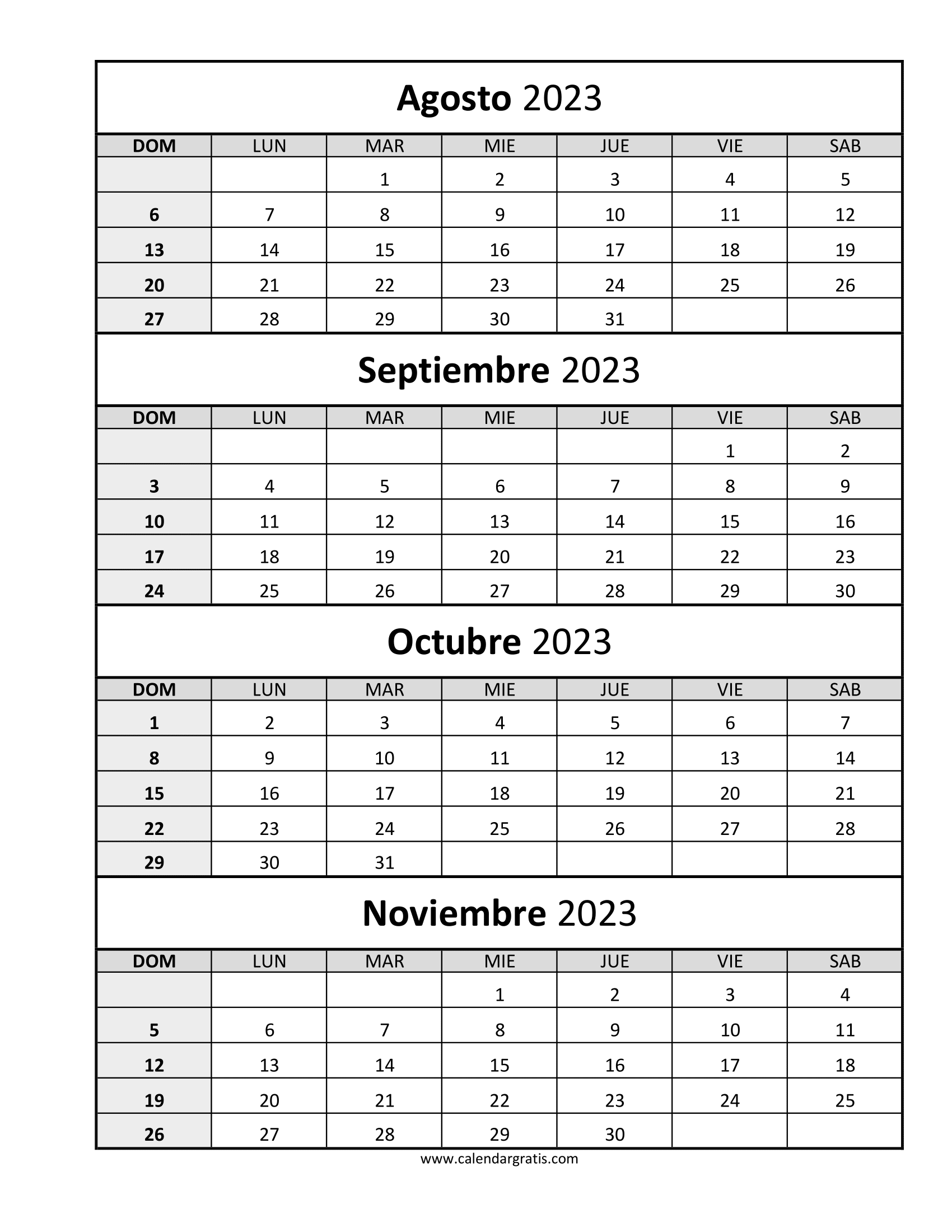  Calendario Agosto, Septiembre, Octubre, Noviembre 2023