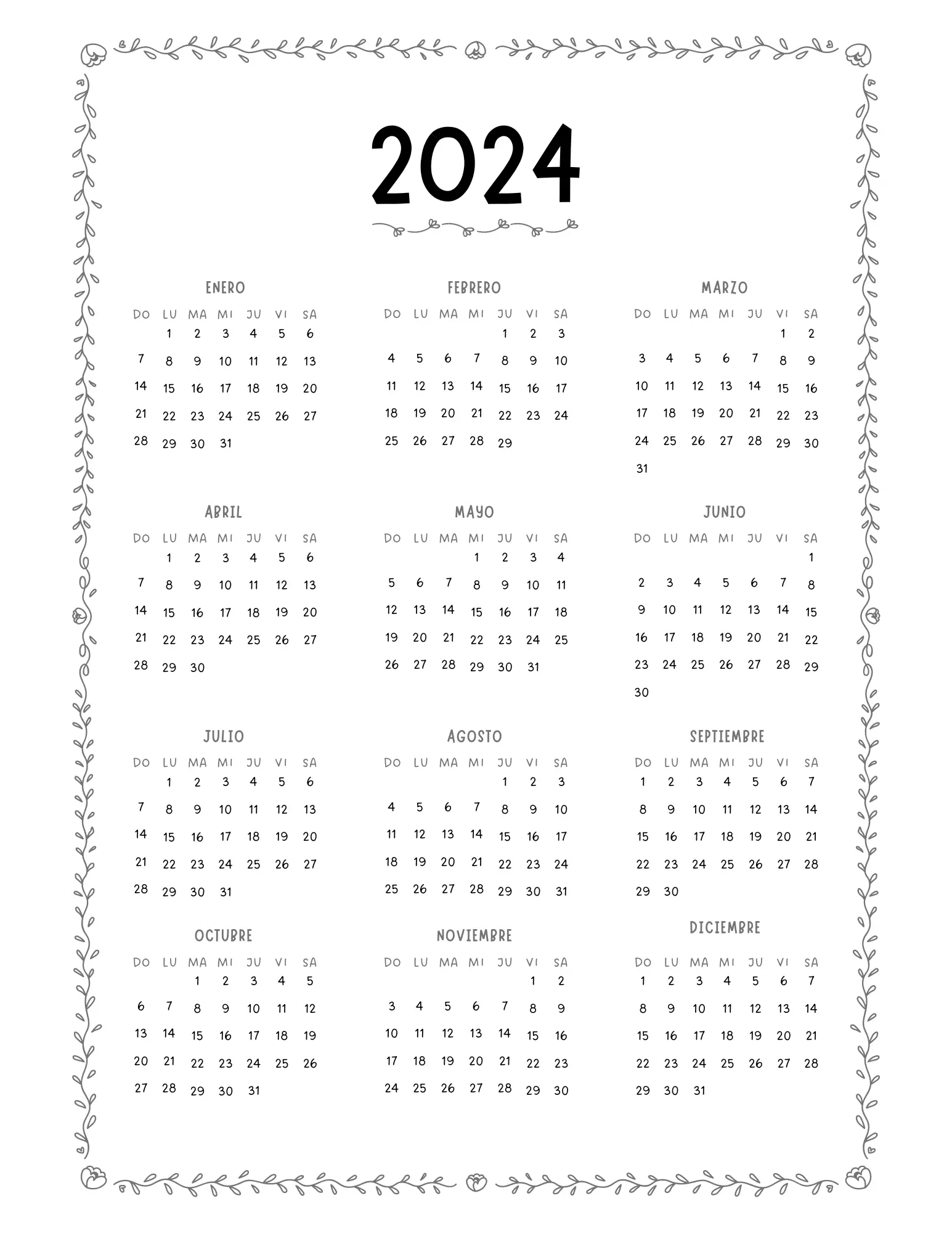 Un planificador anual para 2024 con cada mes separado y etiquetado con las fechas correspondientes.