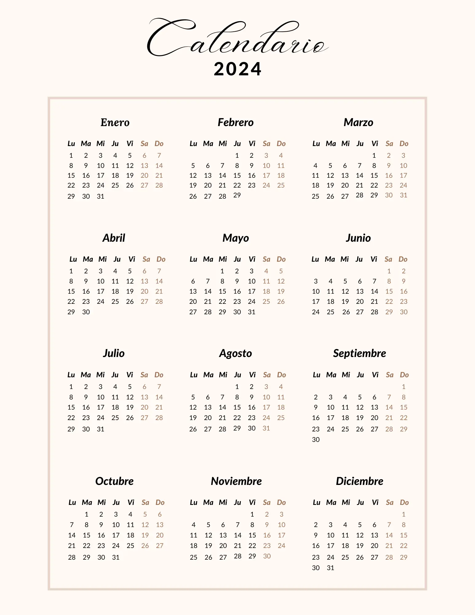 Una imagen de un calendario imprimible para el año 2024 con los 12 meses mostrados.