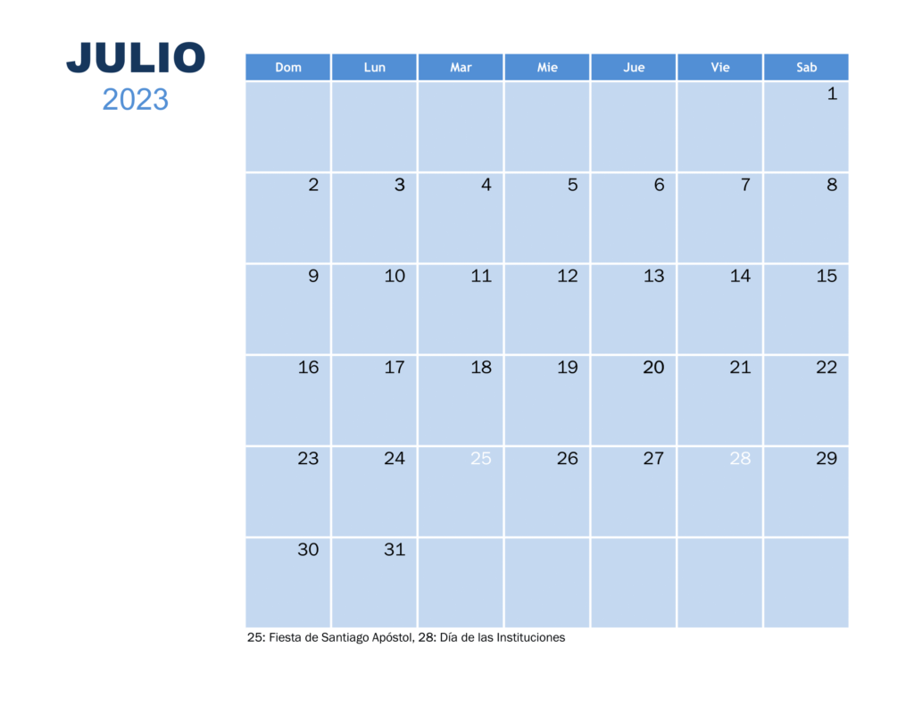 Calendario Julio 2023 Con Festivos Para Imprimir