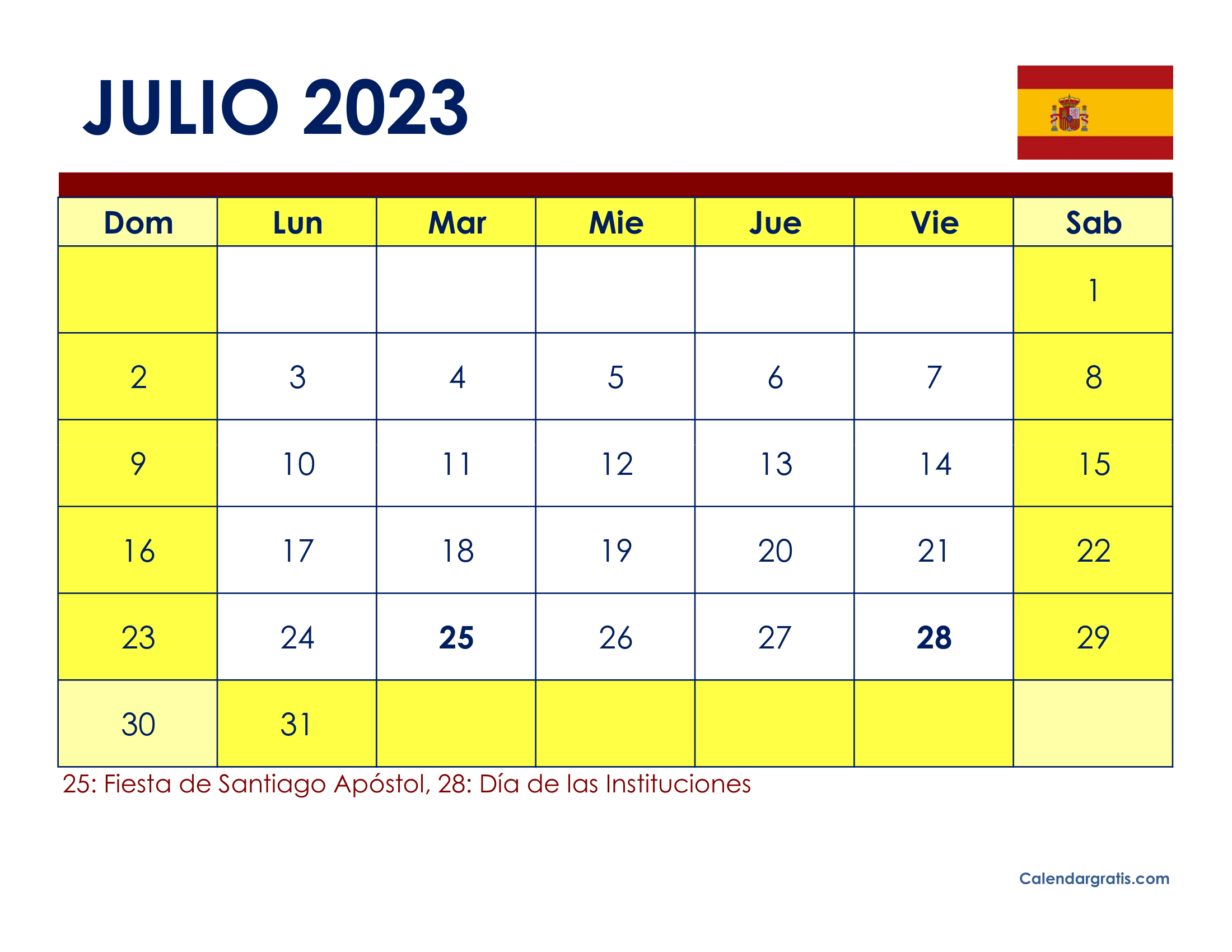 Calendario Julio 2023 Con Festivos Spain