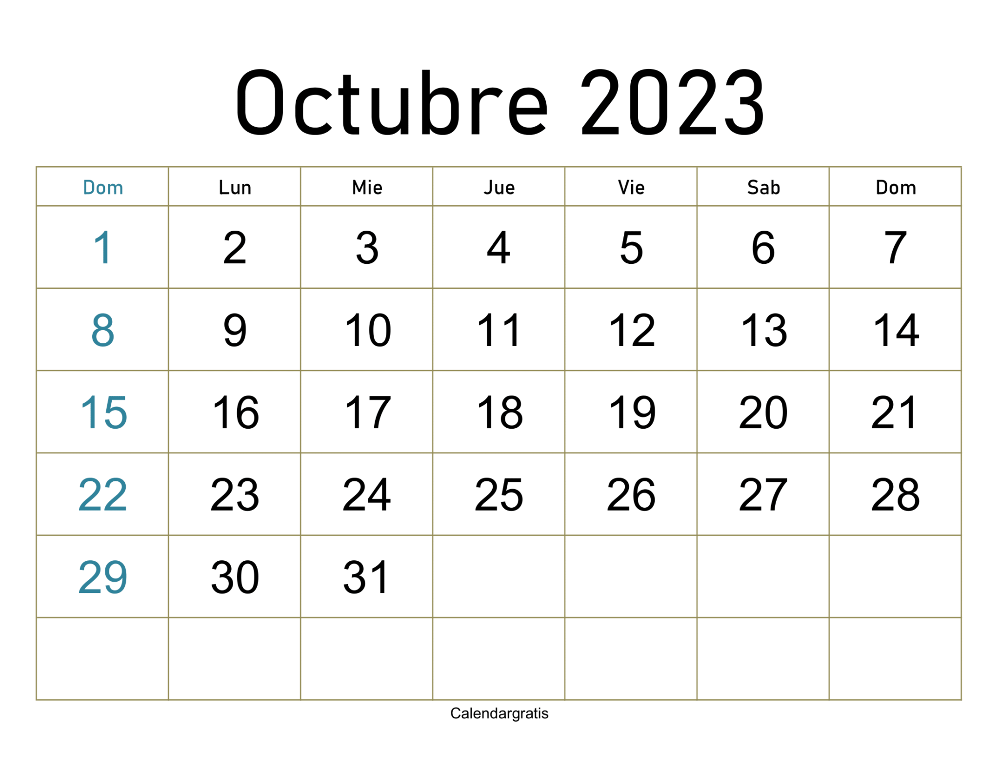 Calendario Octubre 2023 Para Imprimir | Calendar Gratis